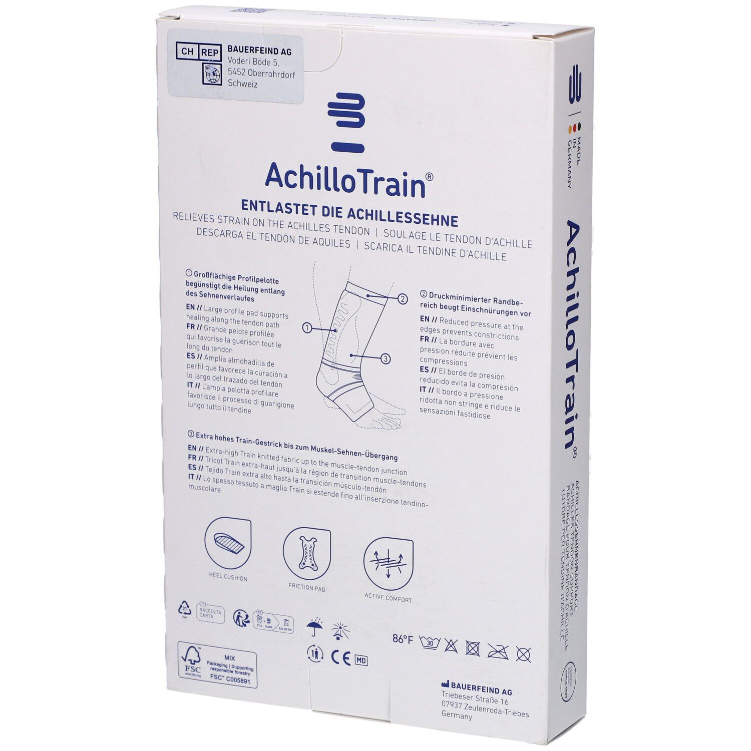 Rückseite der AchilloTrain Verpackung. Produktname und Logo sichtbar. Illustrationen und Text.