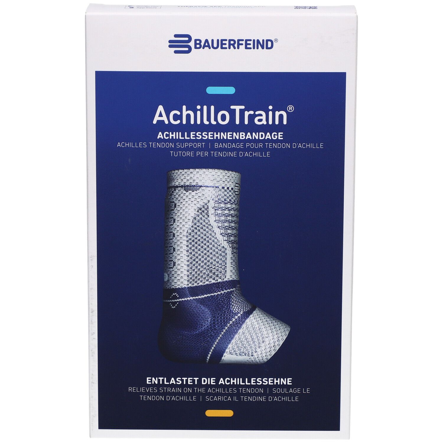 AchilloTrain Bandage auf Verpackung. Produktname und Logo sichtbar. Blaues Design.