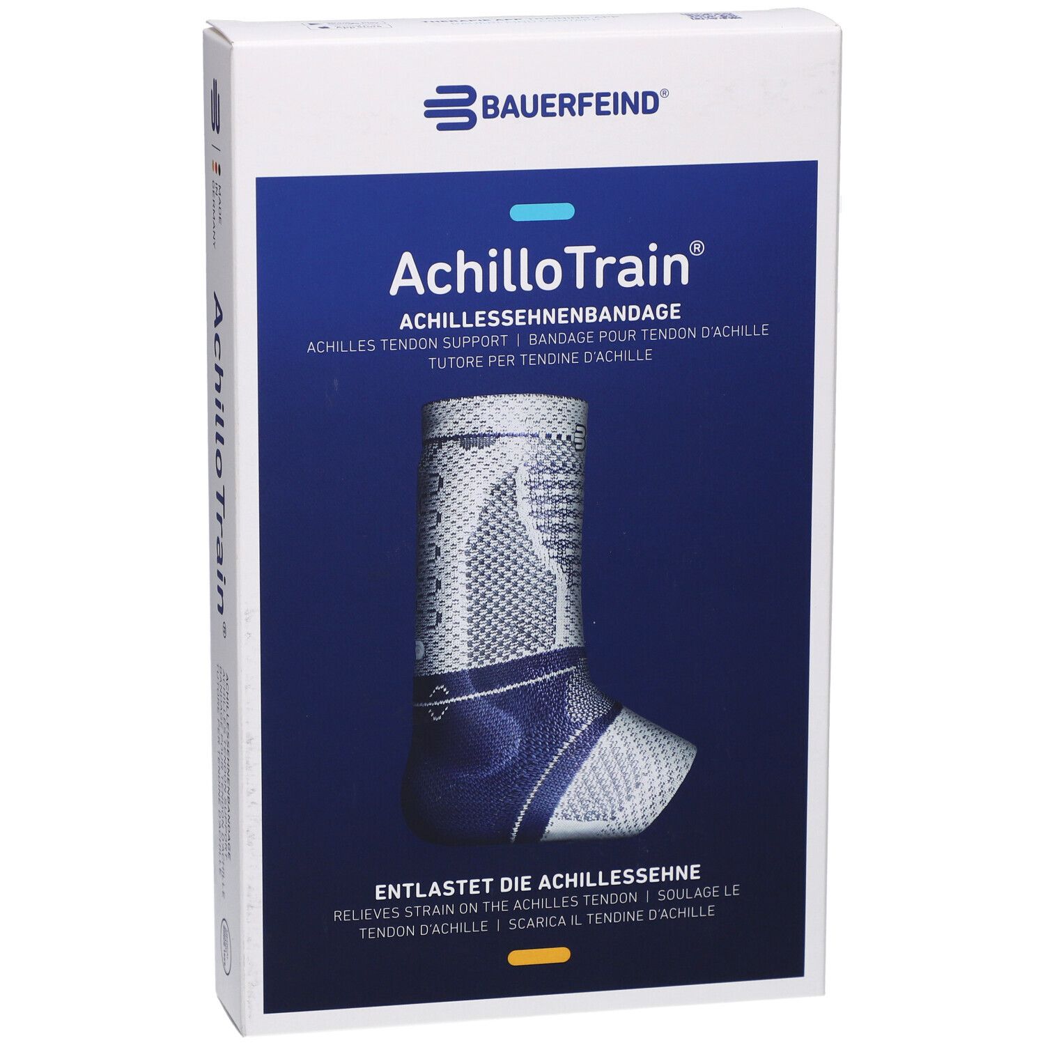 AchilloTrain Bandage auf Verpackung. Produktname und Logo sichtbar. Blaues Design.