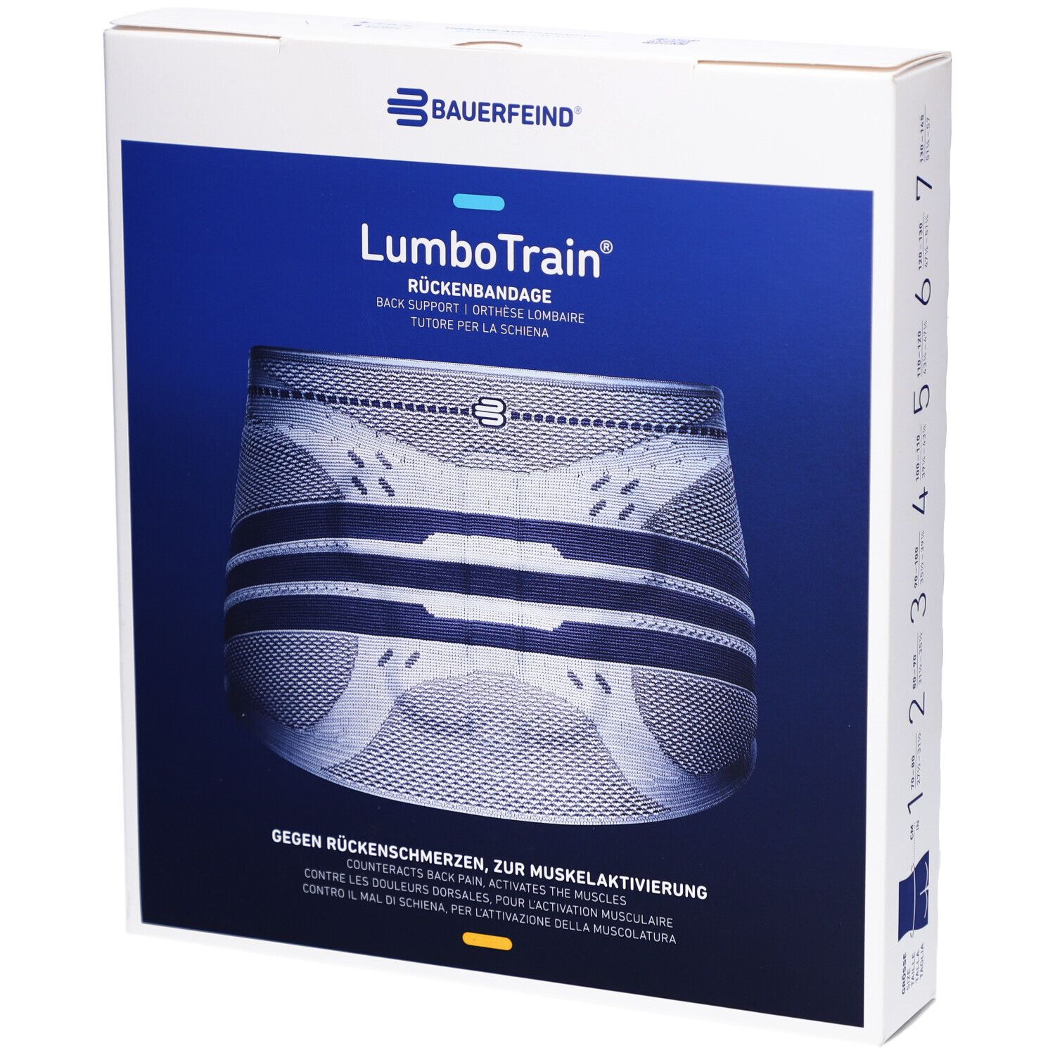 Verpackung der BAUERFEIND® LumboTrain® Rückenbandage. Produktabbildung auf blauem Hintergrund. Größenangaben auf der Seite.