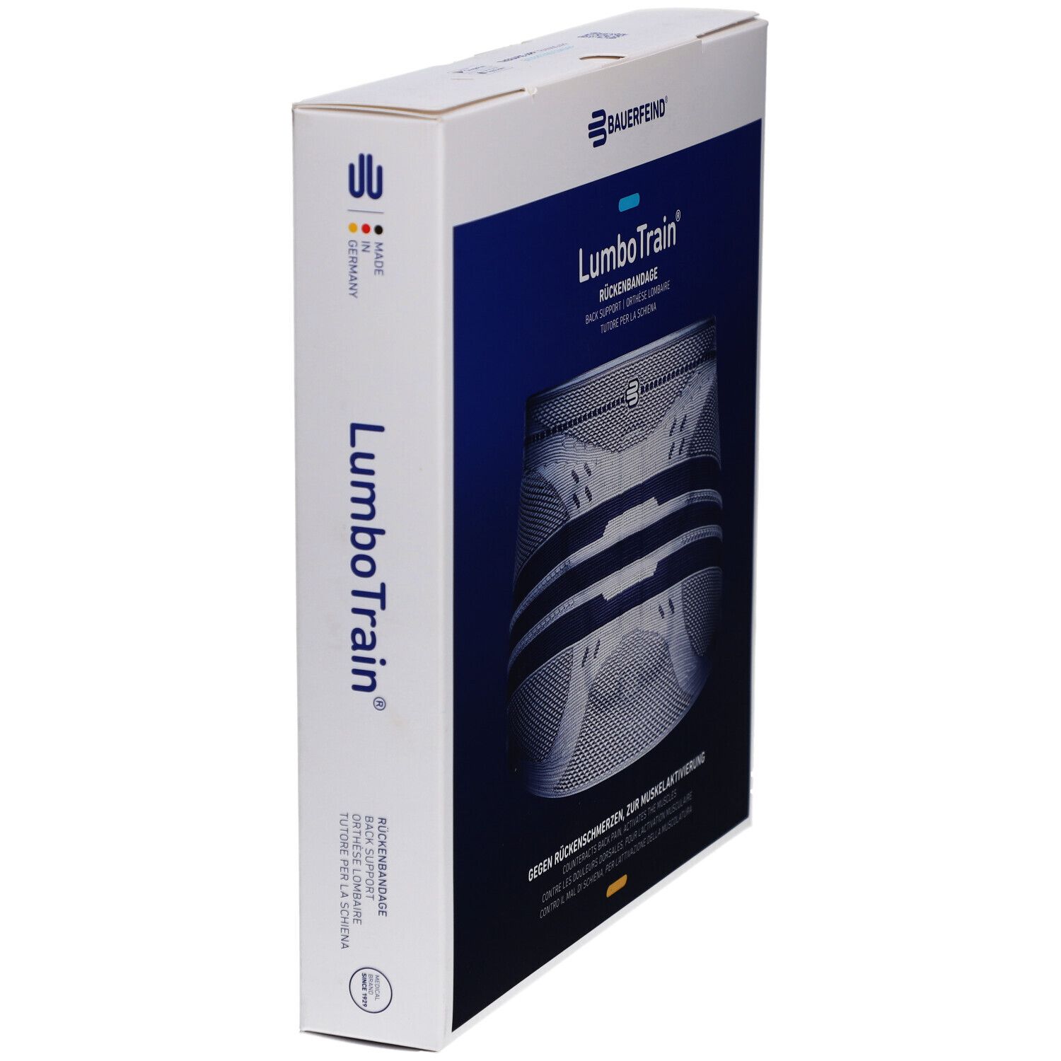 Seitenansicht der Verpackung der BAUERFEIND® LumboTrain® Rückenbandage. Produktabbildung und Markenlogo sichtbar.