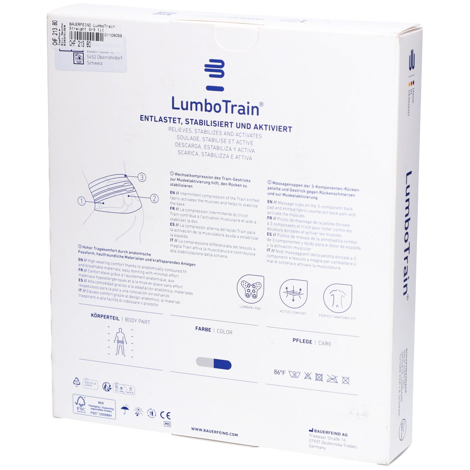 Rückseite der Verpackung der BAUERFEIND® LumboTrain® Rückenbandage. Produktinformationen und Illustrationen.