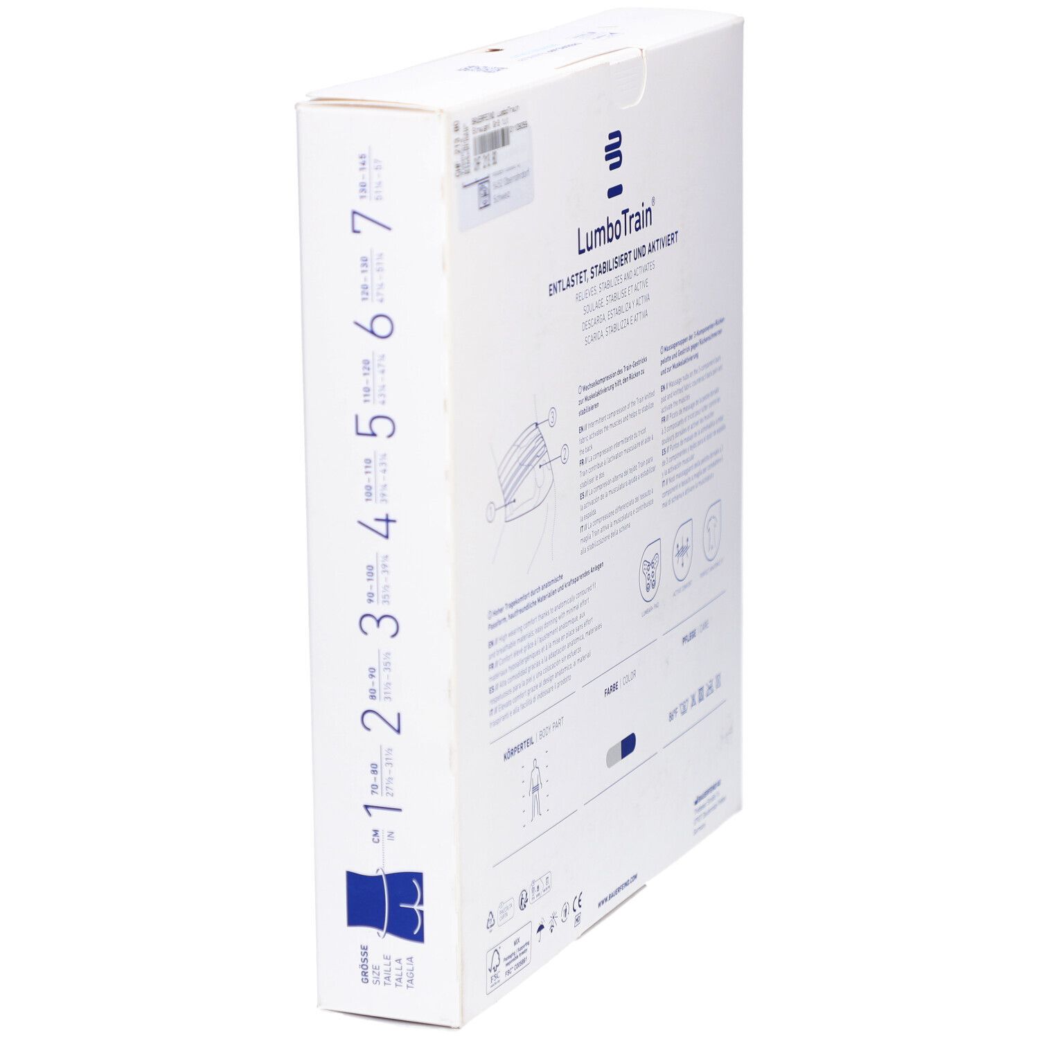 Seitenansicht der Verpackung der BAUERFEIND® LumboTrain® Rückenbandage. Größenangaben und Produktinformationen.