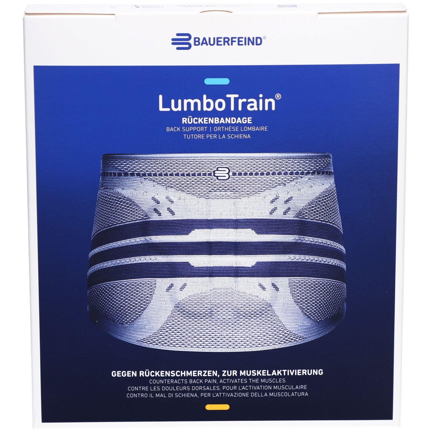 Vorderansicht der Verpackung der BAUERFEIND® LumboTrain® Rückenbandage. Produktabbildung und Markenlogo.