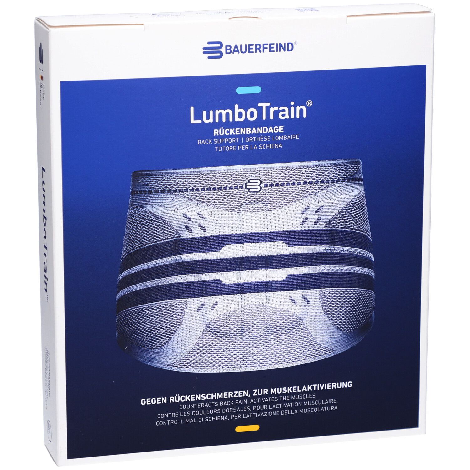 Vorderansicht der Verpackung der BAUERFEIND® LumboTrain® Rückenbandage. Produktabbildung und Markenlogo.