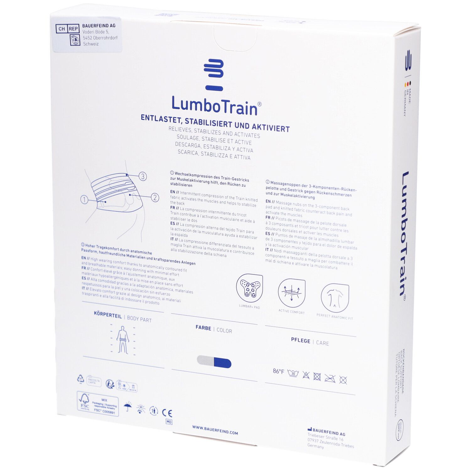 BAUERFEIND® LumboTrain® Rückenbandage Verpackung, Rückseite. Produktinformationen, Pflegehinweise, Größenangaben. Weißer Karton.
