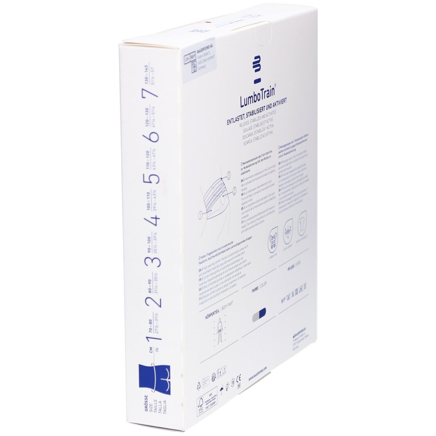 BAUERFEIND® LumboTrain® Rückenbandage Verpackung, Seitenansicht. Größenangaben, Produktinformationen. Weißer Karton.