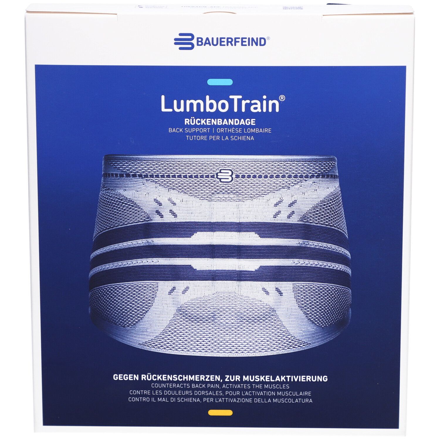 BAUERFEIND® LumboTrain® Rückenbandage, Größe 4, Titan. Verpackung mit Produktabbildung. Blauer Hintergrund, weißer Karton.