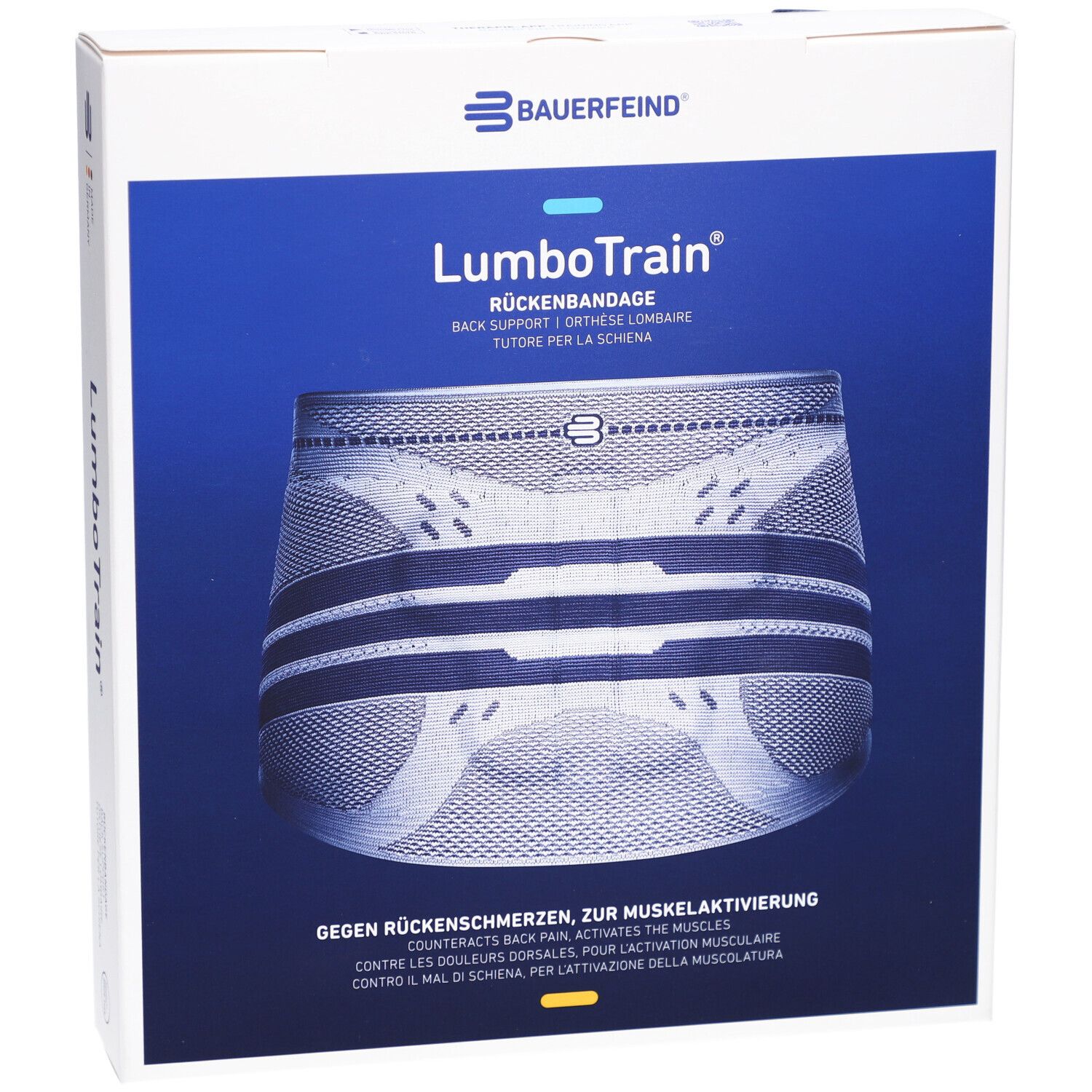 BAUERFEIND® LumboTrain® Rückenbandage, Größe 4, Titan. Verpackung mit Produktabbildung. Blauer Hintergrund, weißer Karton.