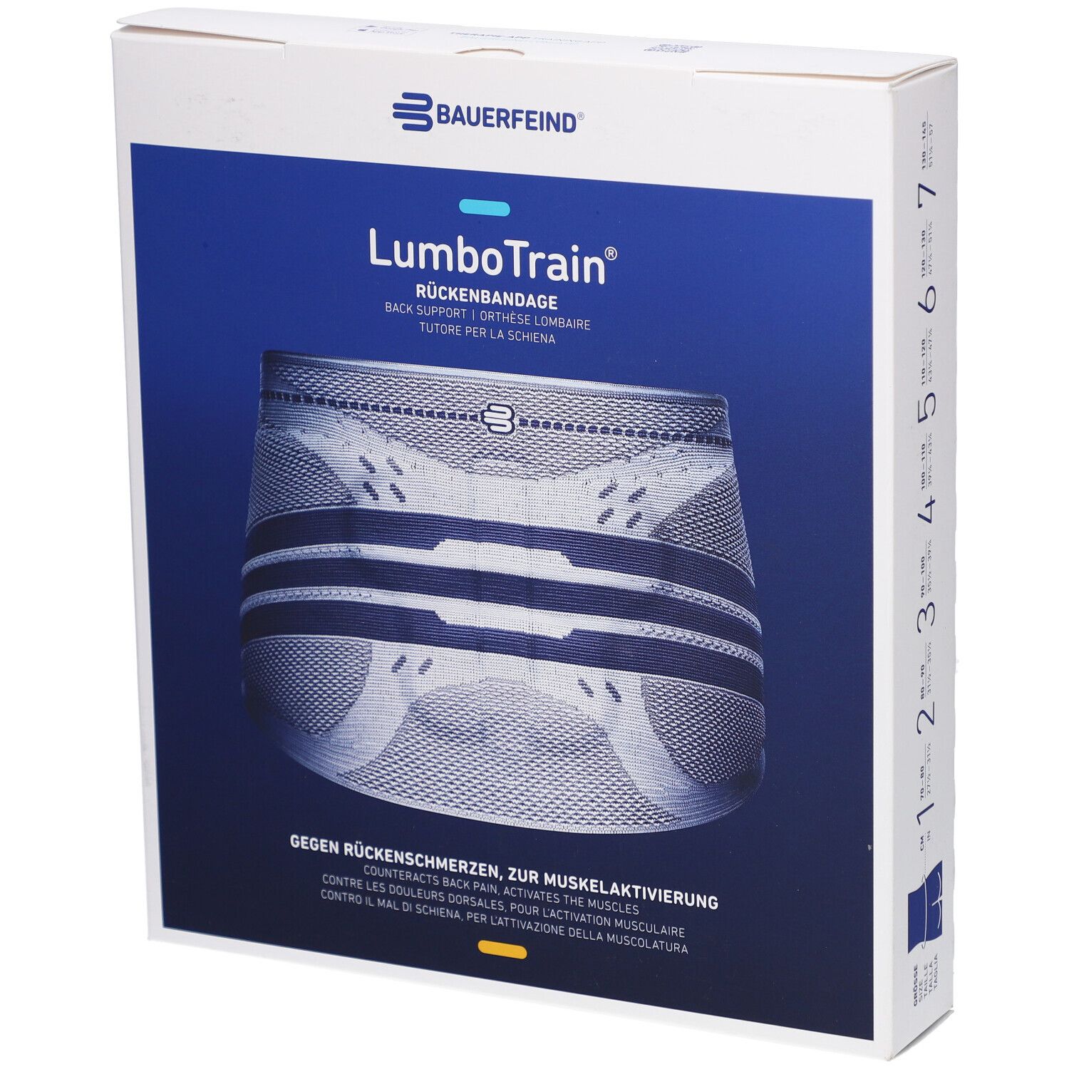 Verpackung der BAUERFEIND® LumboTrain® Rückenbandage. Vorderseite mit Produktabbildung und Markenlogo.