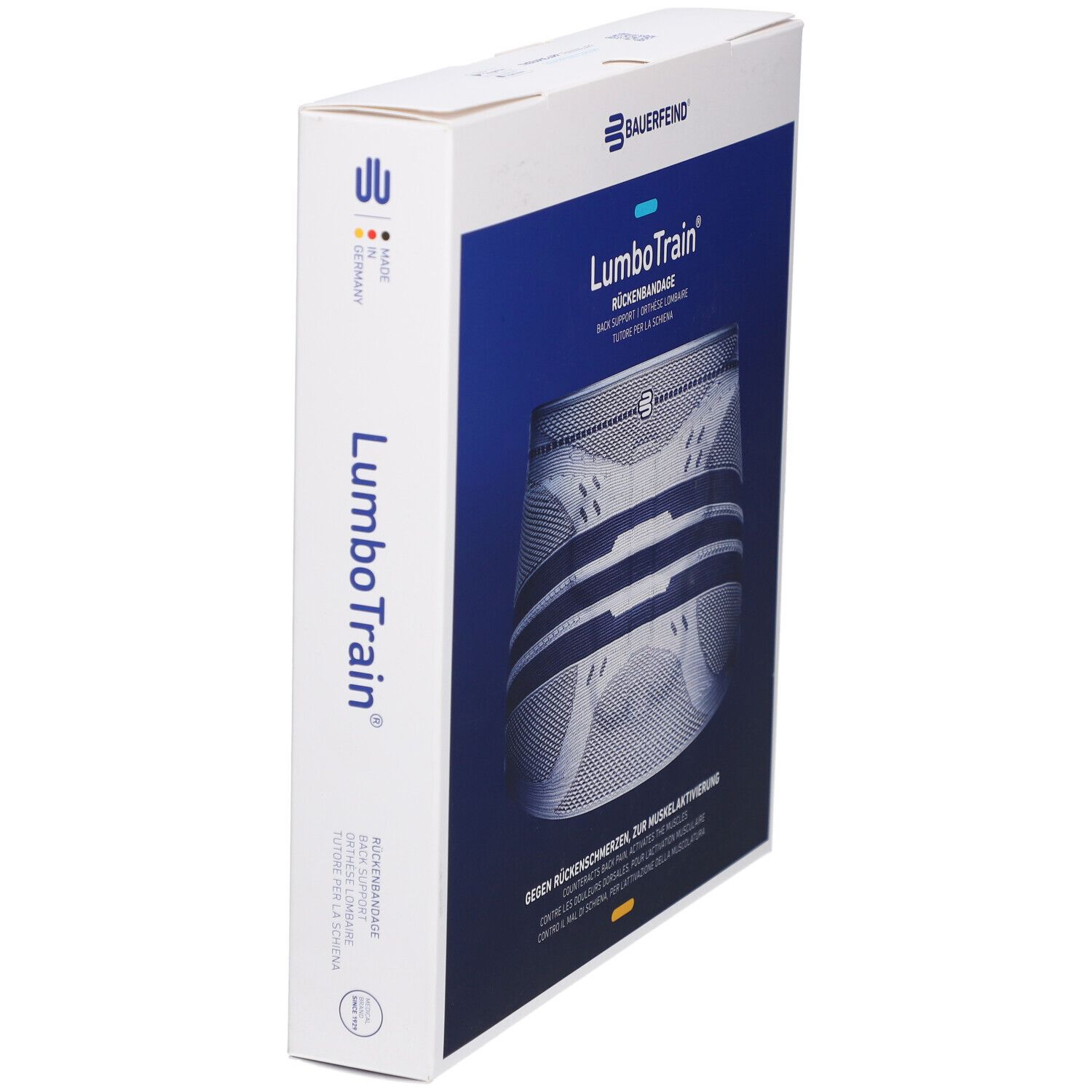 Seitenansicht der Verpackung der BAUERFEIND® LumboTrain® Rückenbandage. Markenlogo und Produktname.