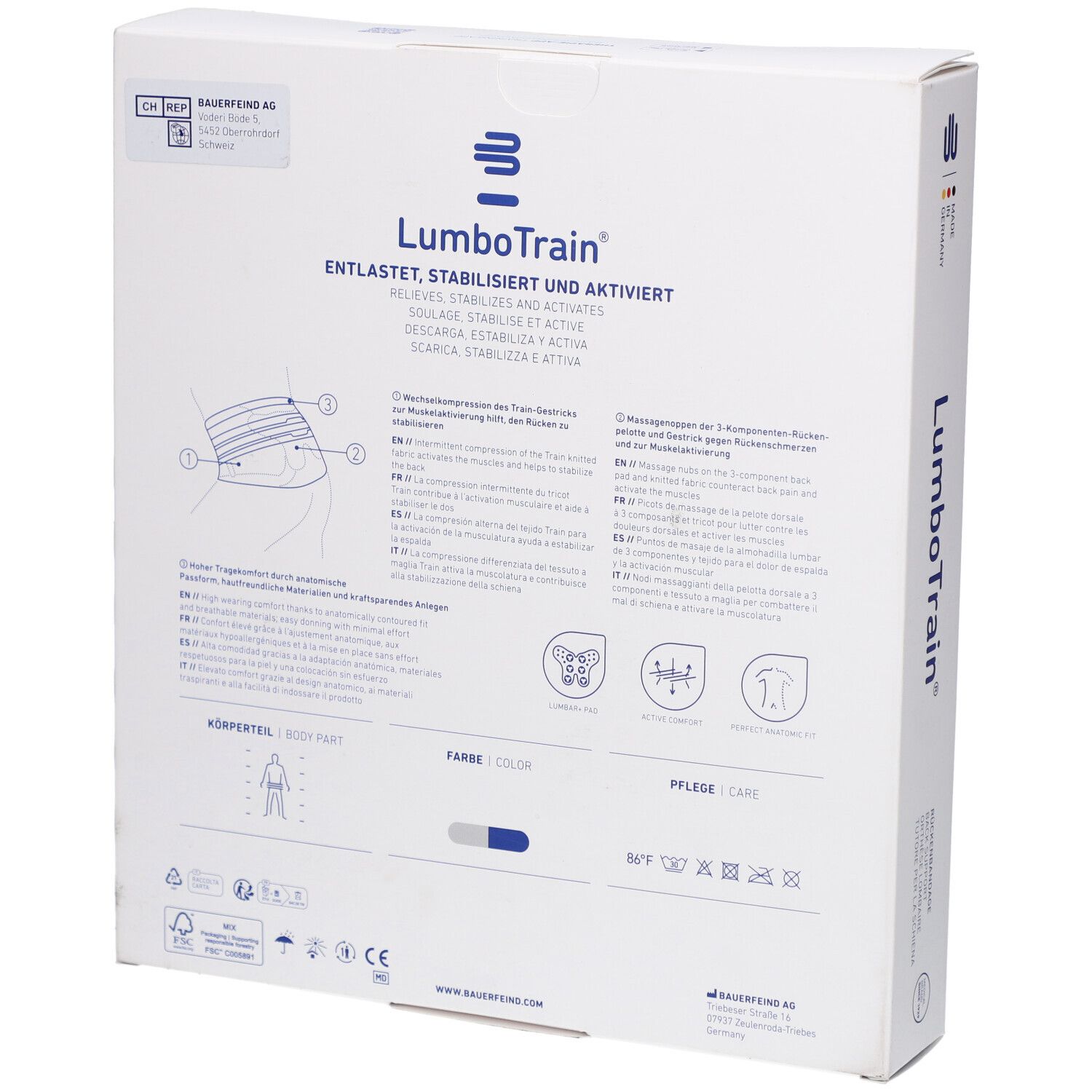 Rückseite der Verpackung der BAUERFEIND® LumboTrain® Rückenbandage. Produktinformationen und Pflegehinweise.