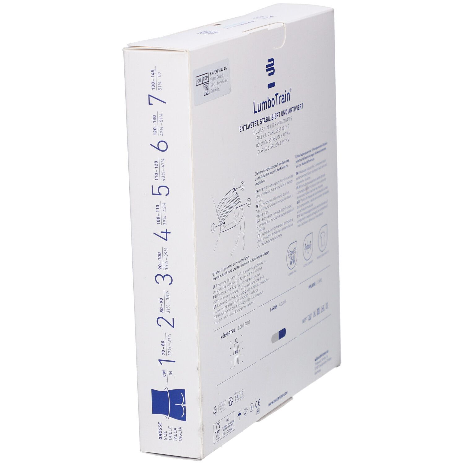 Seitenansicht der Verpackung der BAUERFEIND® LumboTrain® Rückenbandage. Produktinformationen und Größenangaben.