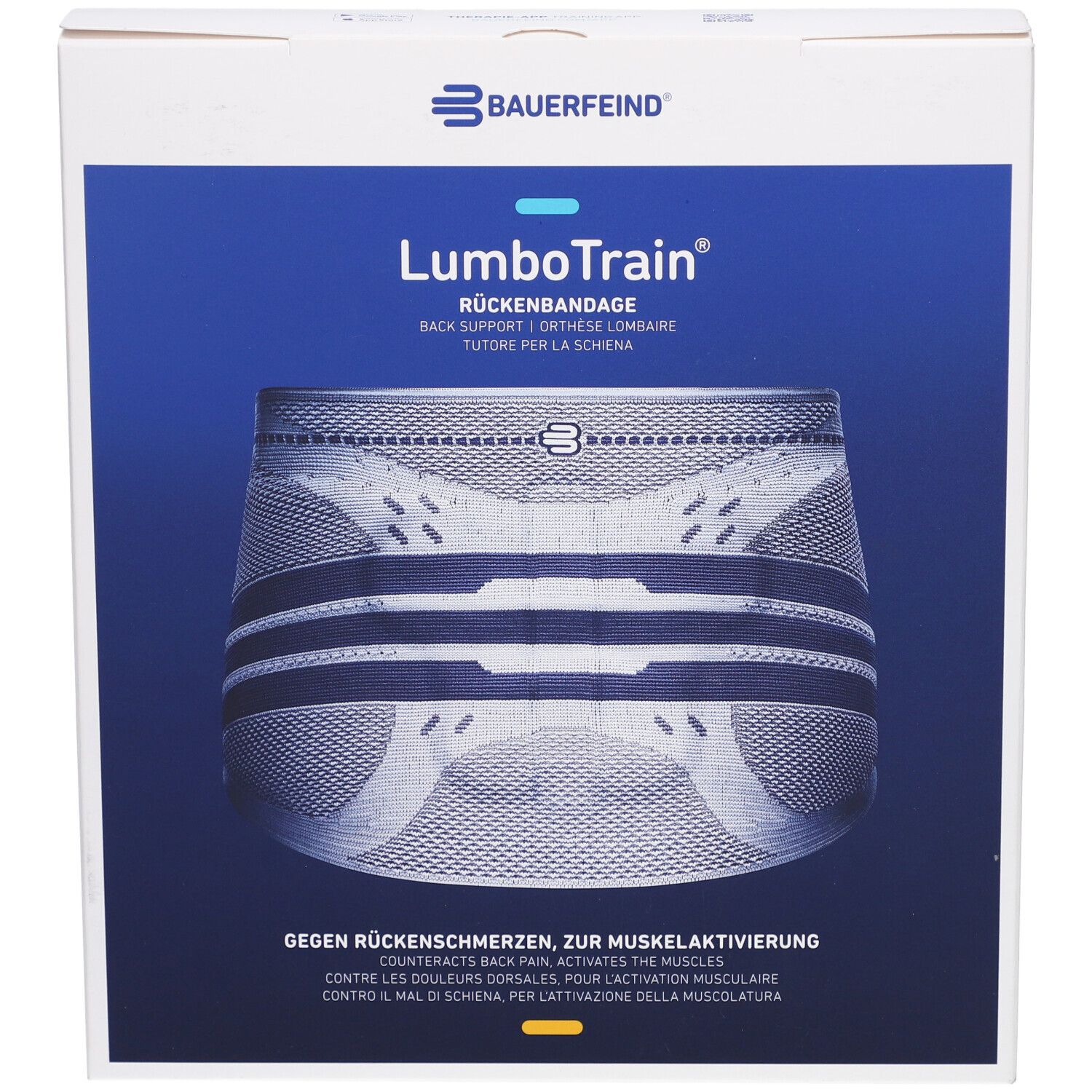 Vorderansicht der Verpackung der BAUERFEIND® LumboTrain® Rückenbandage. Produktabbildung und Markenlogo.
