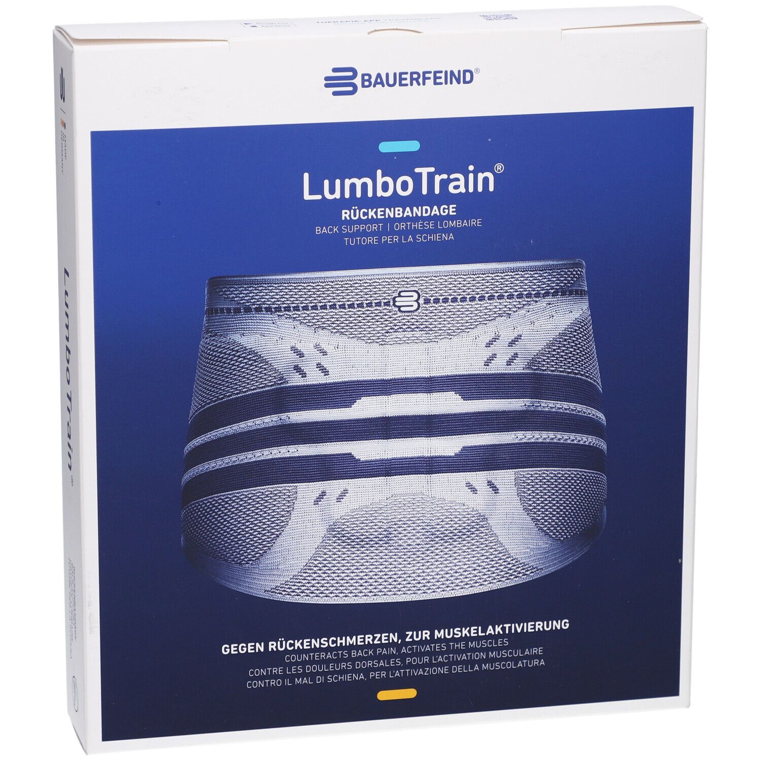 Vorderansicht der Verpackung der BAUERFEIND® LumboTrain® Rückenbandage. Produktabbildung und Markenlogo.