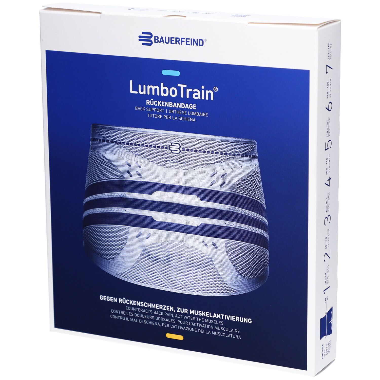 Verpackung der BAUERFEIND® LumboTrain® Rückenbandage. Produktabbildung auf blauem Hintergrund. Text: Rückenbandage, Muskelaktivierung.