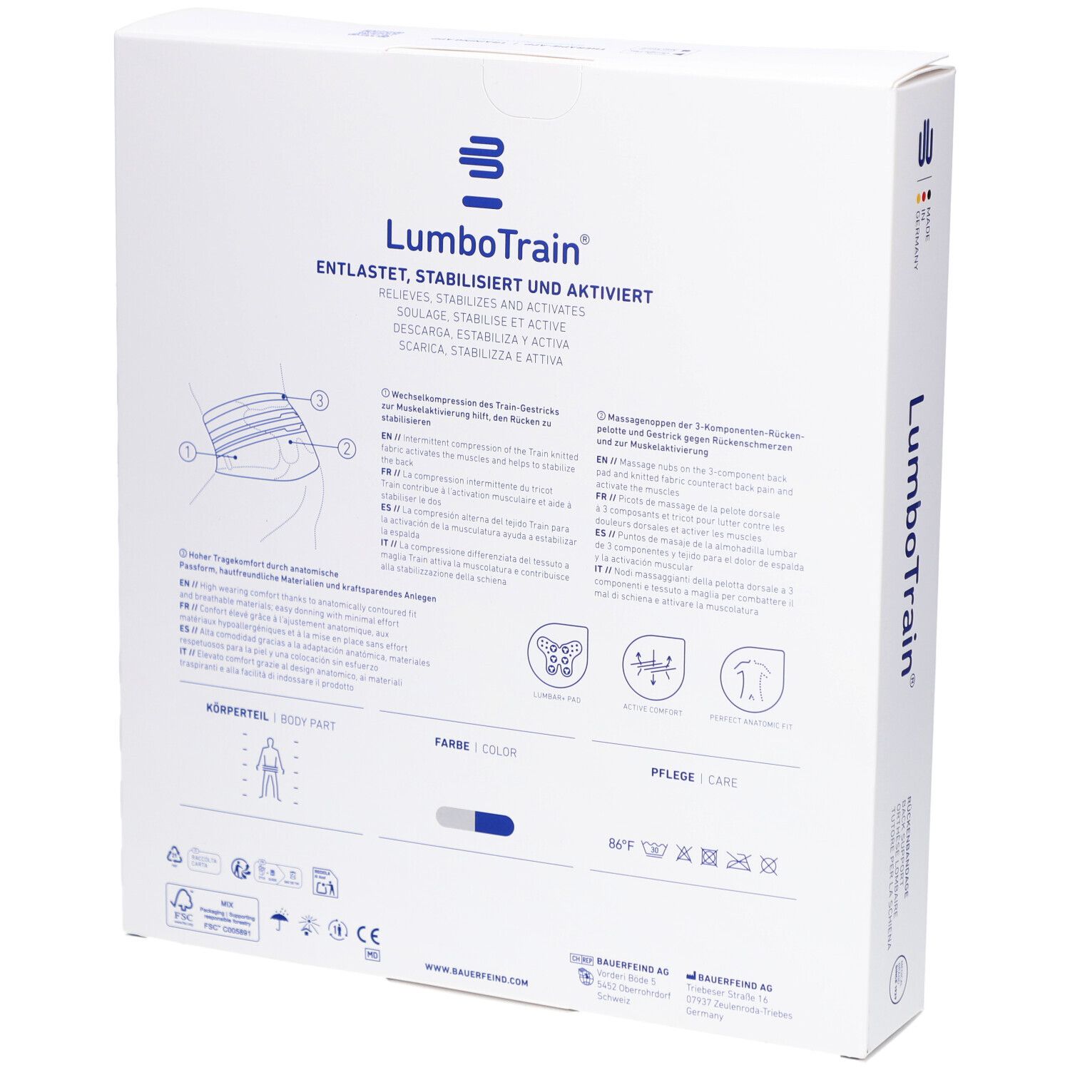 Rückseite der Verpackung der BAUERFEIND® LumboTrain® Rückenbandage. Produktinformationen, Illustrationen und Pflegehinweise.