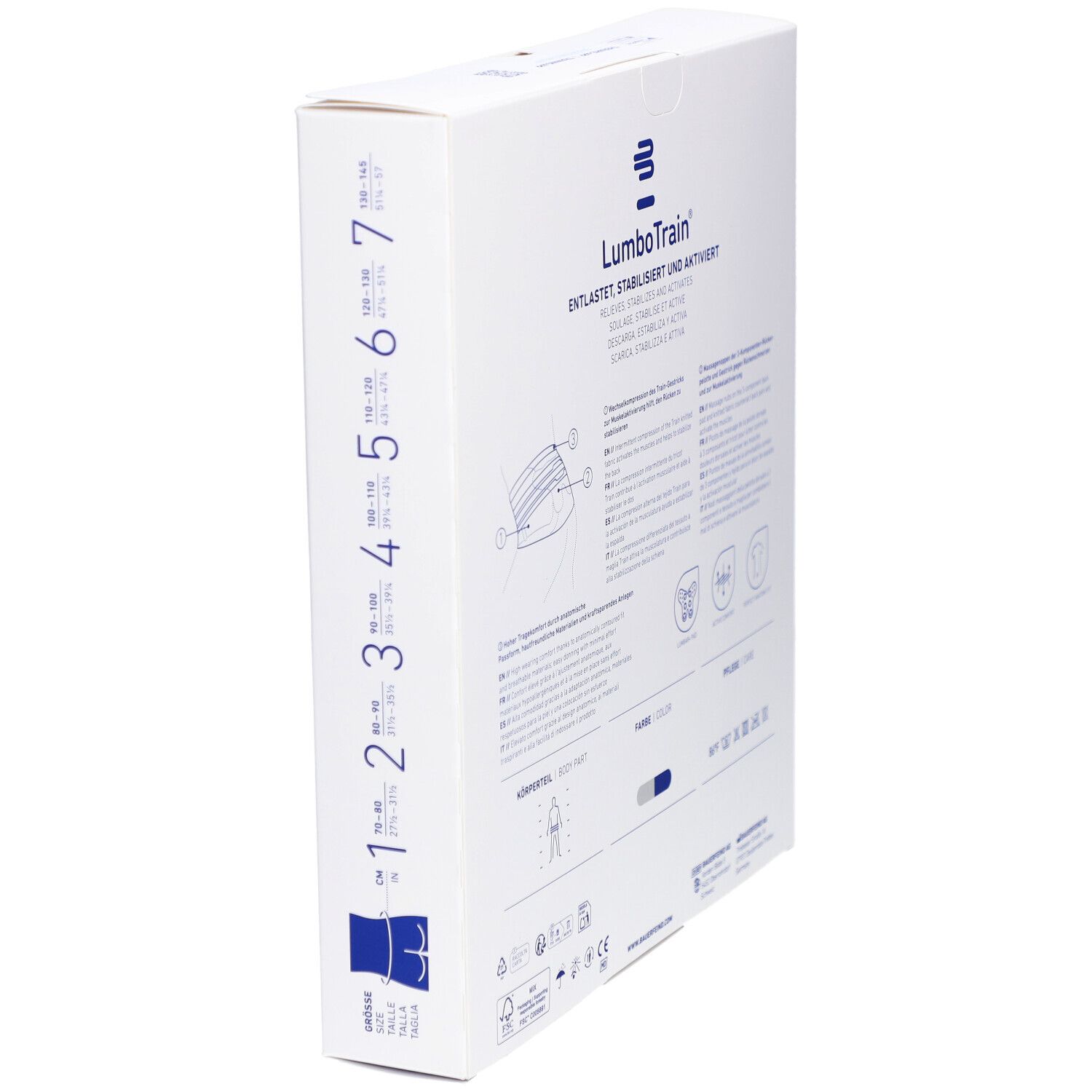 Seitenansicht der Verpackung der BAUERFEIND® LumboTrain® Rückenbandage. Größenangaben und Produktinformationen.
