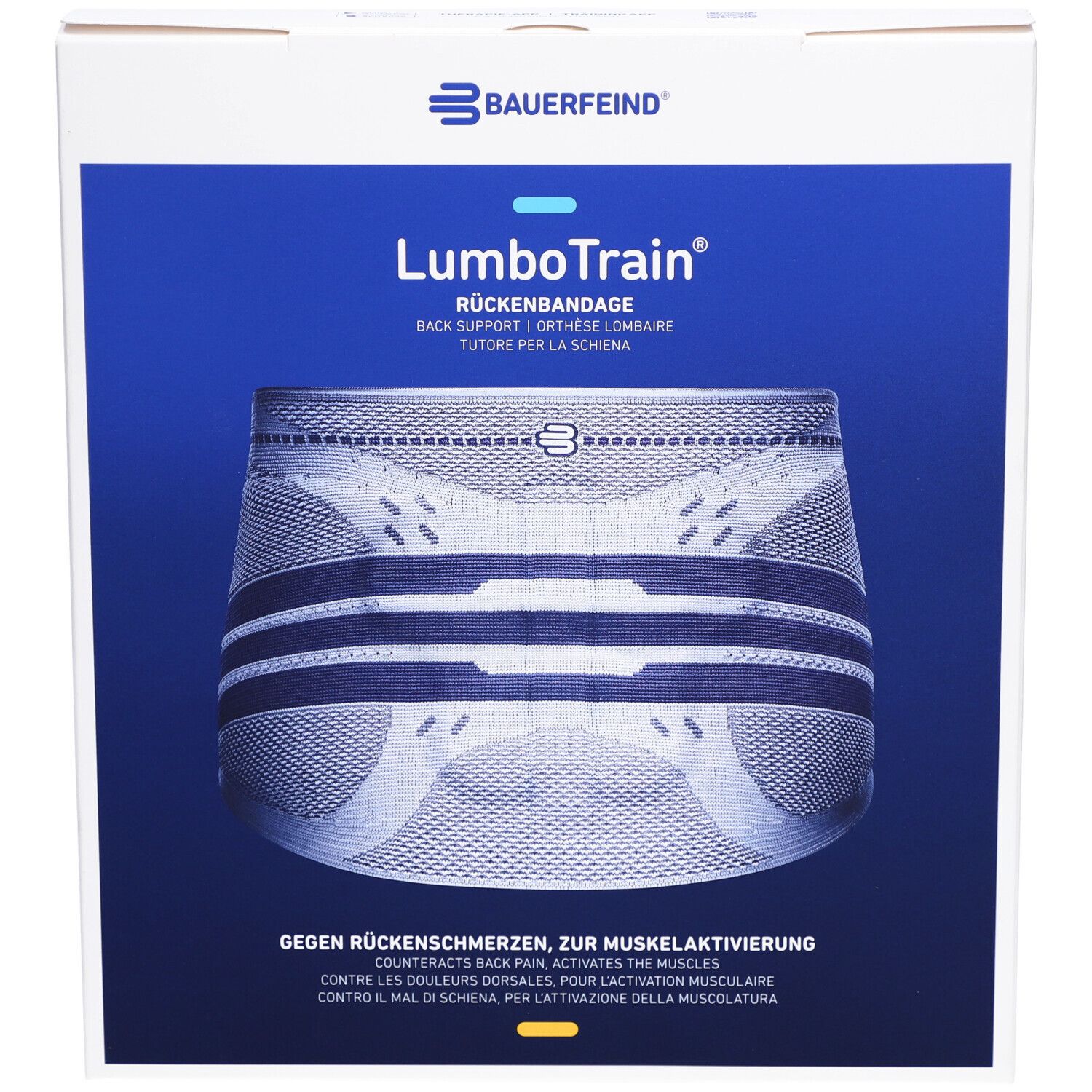 Verpackung der BAUERFEIND® LumboTrain® Rückenbandage. Produktabbildung auf blauem Hintergrund. Logo und Produktname.
