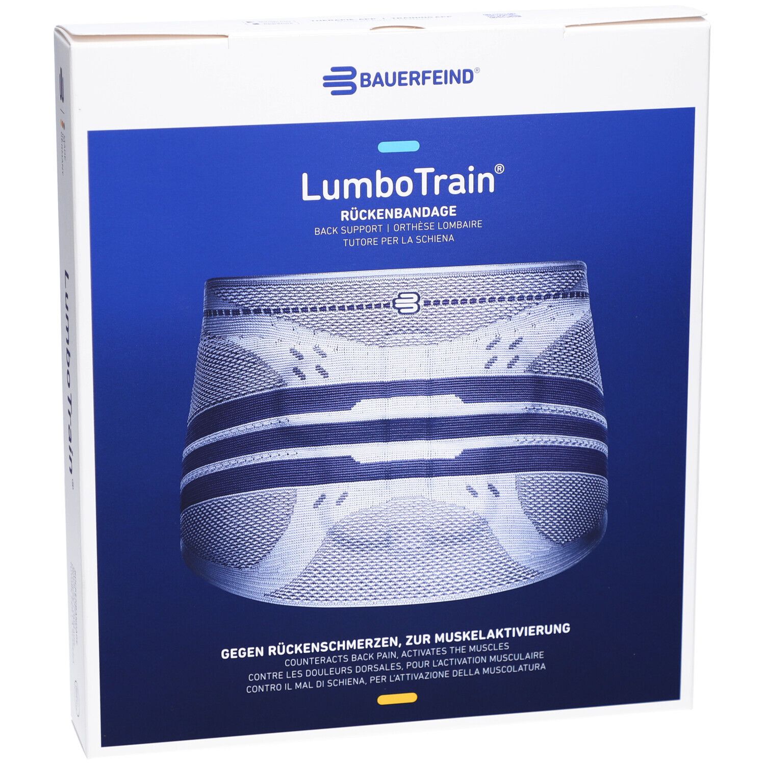 Verpackung der BAUERFEIND® LumboTrain® Rückenbandage. Produktabbildung auf blauem Hintergrund. Logo und Produktname.