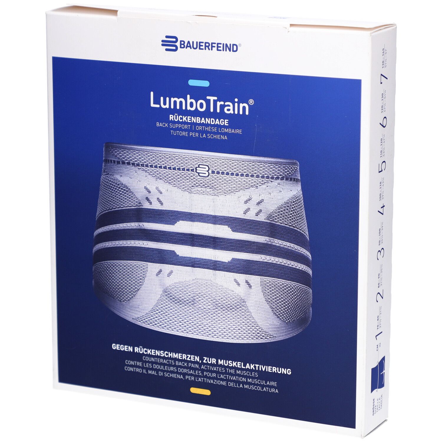 Verpackung der Rückenbandage. Produktname: LumboTrain. Blaue und weiße Bandage auf blauem Hintergrund. Text: Gegen Rückenschmerzen, zur Muskelaktivierung.