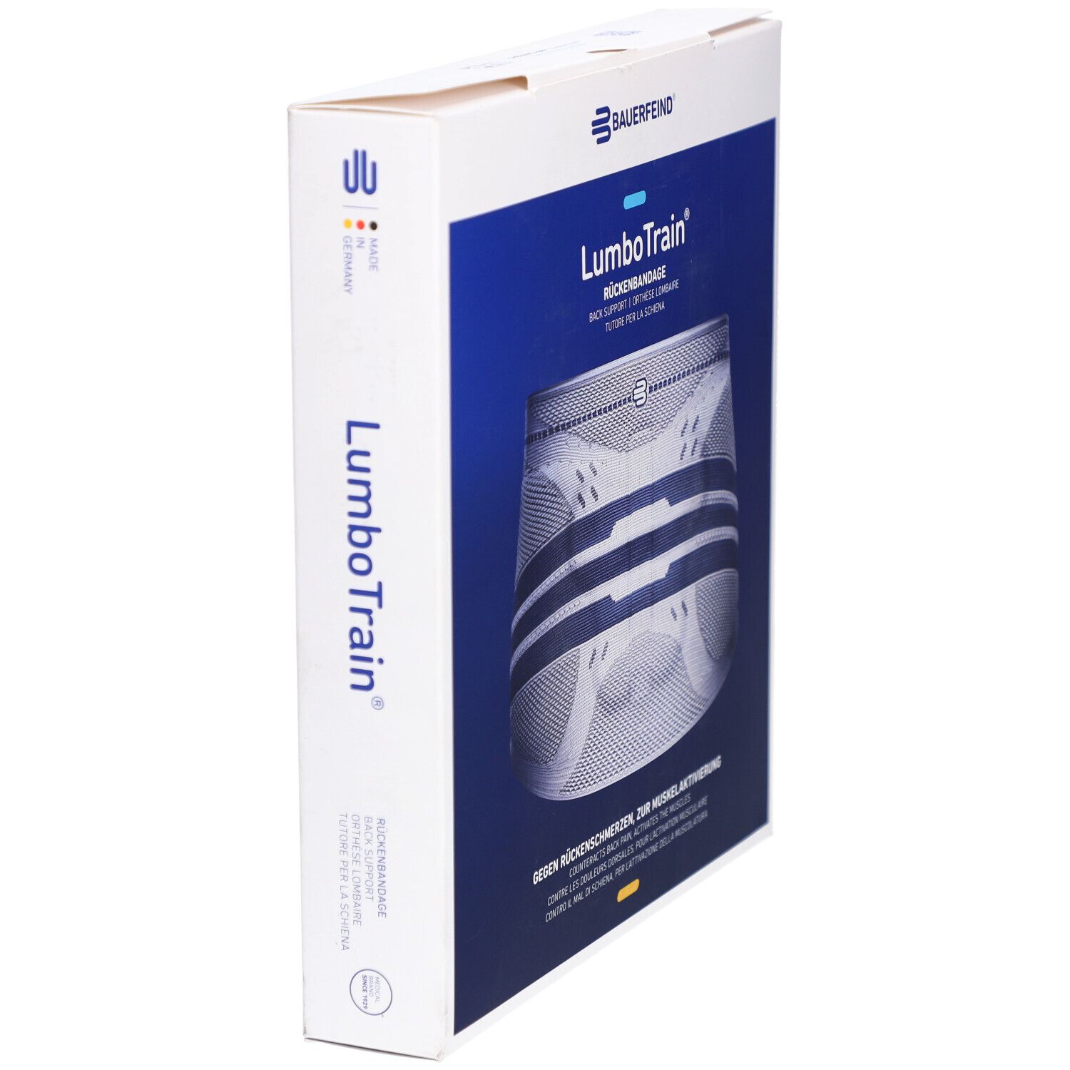 Verpackung der Rückenbandage LumboTrain. Produktname und Logo. Weiße Verpackung mit blauem Hintergrund. Bandage abgebildet.
