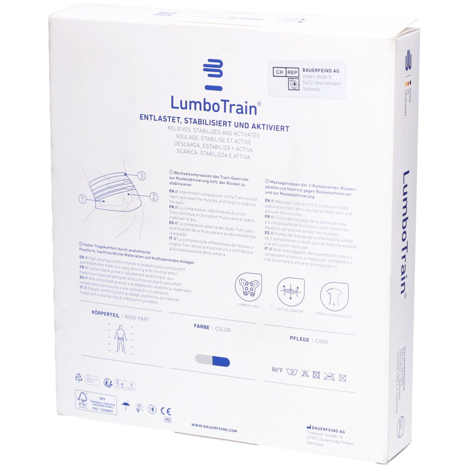 Rückseite der Verpackung der Rückenbandage LumboTrain. Produktinformationen, Piktogramme und Text. Größe 4. Farbe: Titan.