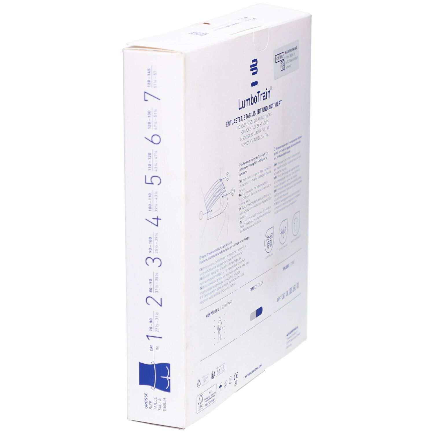 Verpackung der Rückenbandage LumboTrain. Produktinformationen und Größenangaben. Weiße Verpackung mit blauem Hintergrund.
