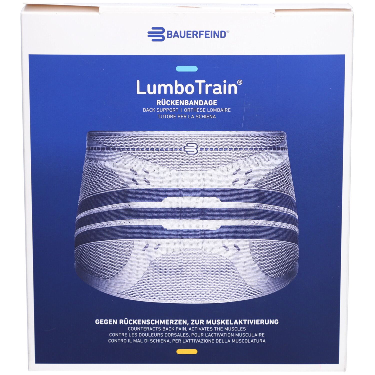 Verpackung der Rückenbandage LumboTrain. Produktname und Logo. Blaue und weiße Bandage auf blauem Hintergrund. Text: Gegen Rückenschmerzen, zur Muskelaktivierung.