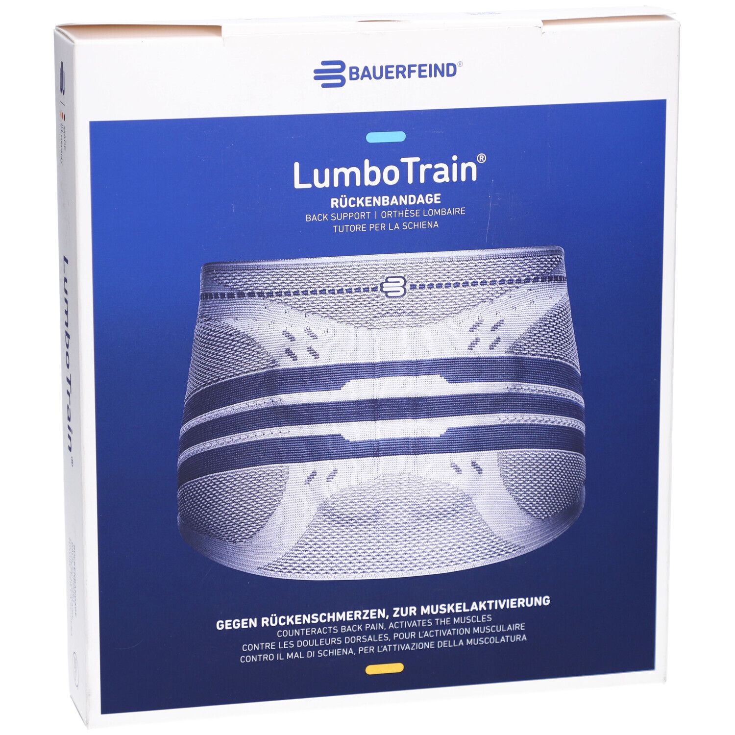 Verpackung der Rückenbandage LumboTrain. Produktname und Logo. Blaue und weiße Bandage auf blauem Hintergrund. Text: Gegen Rückenschmerzen, zur Muskelaktivierung.