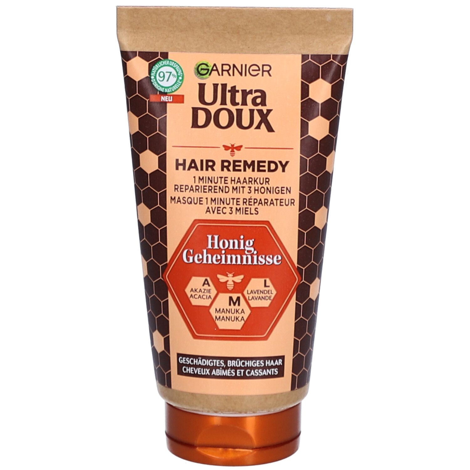 Tube mit Garnier Ultra Doux Hair Remedy. Vorderseite mit Produktnamen, Honig-Illustrationen und Text. 97% natürliche Inhaltsstoffe.