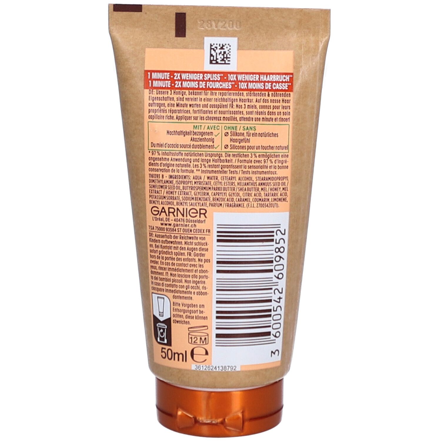 Rückseite des Garnier Ultra Doux Hair Remedy-Tubes. Textinformationen, Inhaltsstoffe, Logo und Barcode. 50ml Volumen.