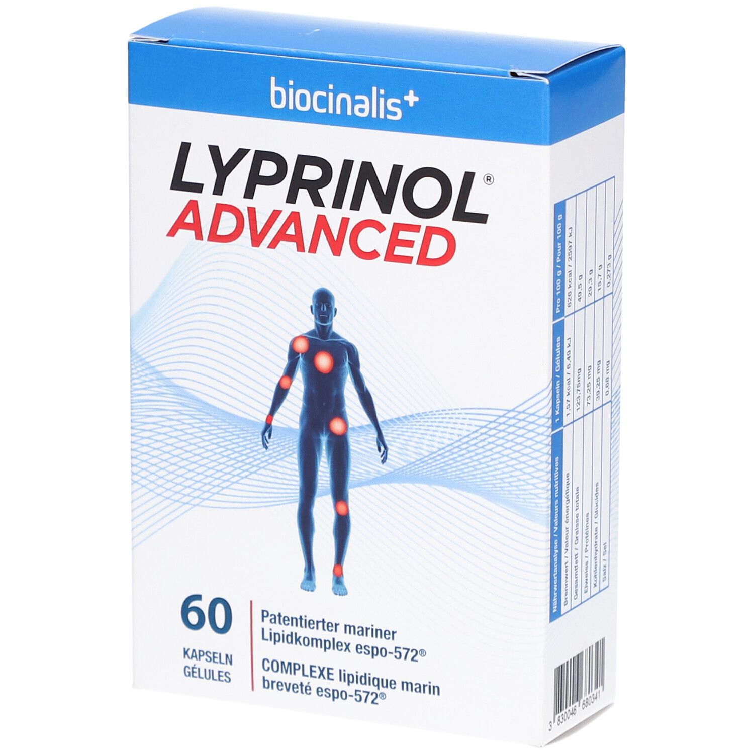 Boîte de biocinalis+ Lyprinol® Advanced. 60 gélules. Inscription : Complexe lipidique marin breveté espo-572®.