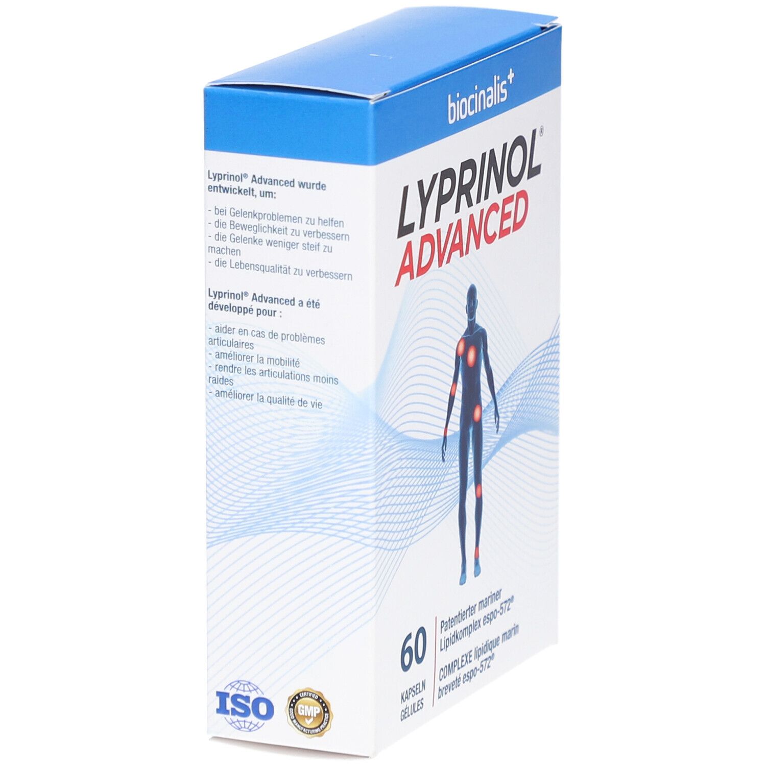 Boîte de biocinalis+ Lyprinol® Advanced. 60 gélules. Certification ISO. Texte : Développé pour améliorer la mobilité.