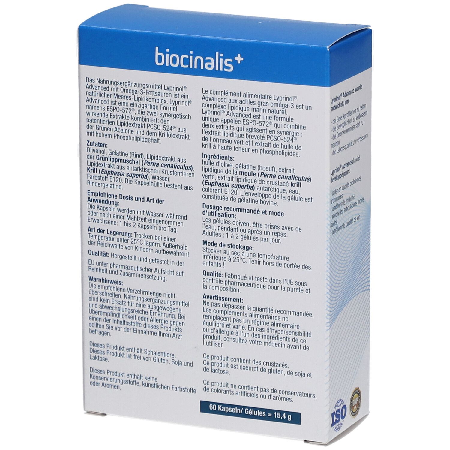 Dos de la boîte de biocinalis+ Lyprinol® Advanced. Texte sur les ingrédients, la posologie et les avertissements. Certification ISO.