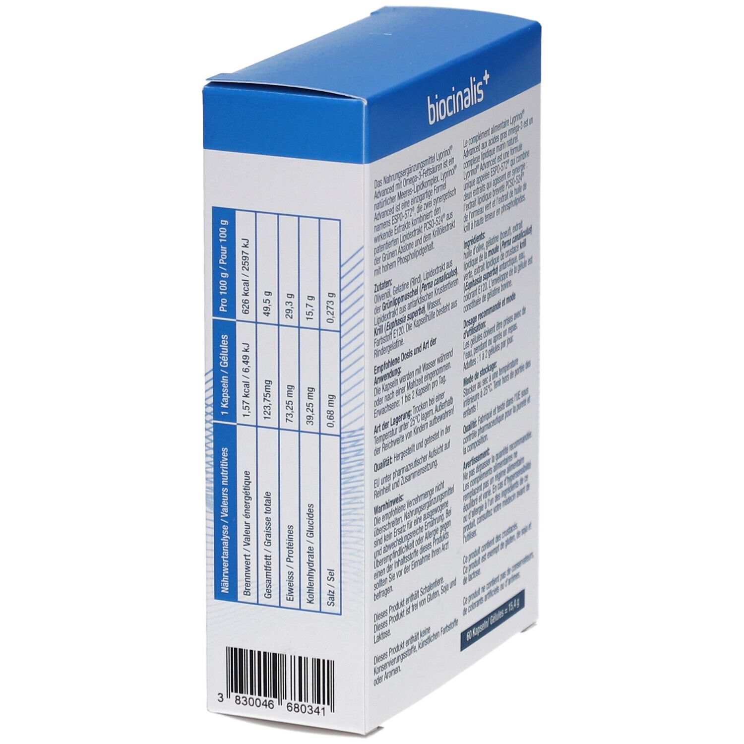Dos de la boîte de biocinalis+ Lyprinol® Advanced. Tableau nutritionnel. Texte sur les ingrédients et les avertissements.