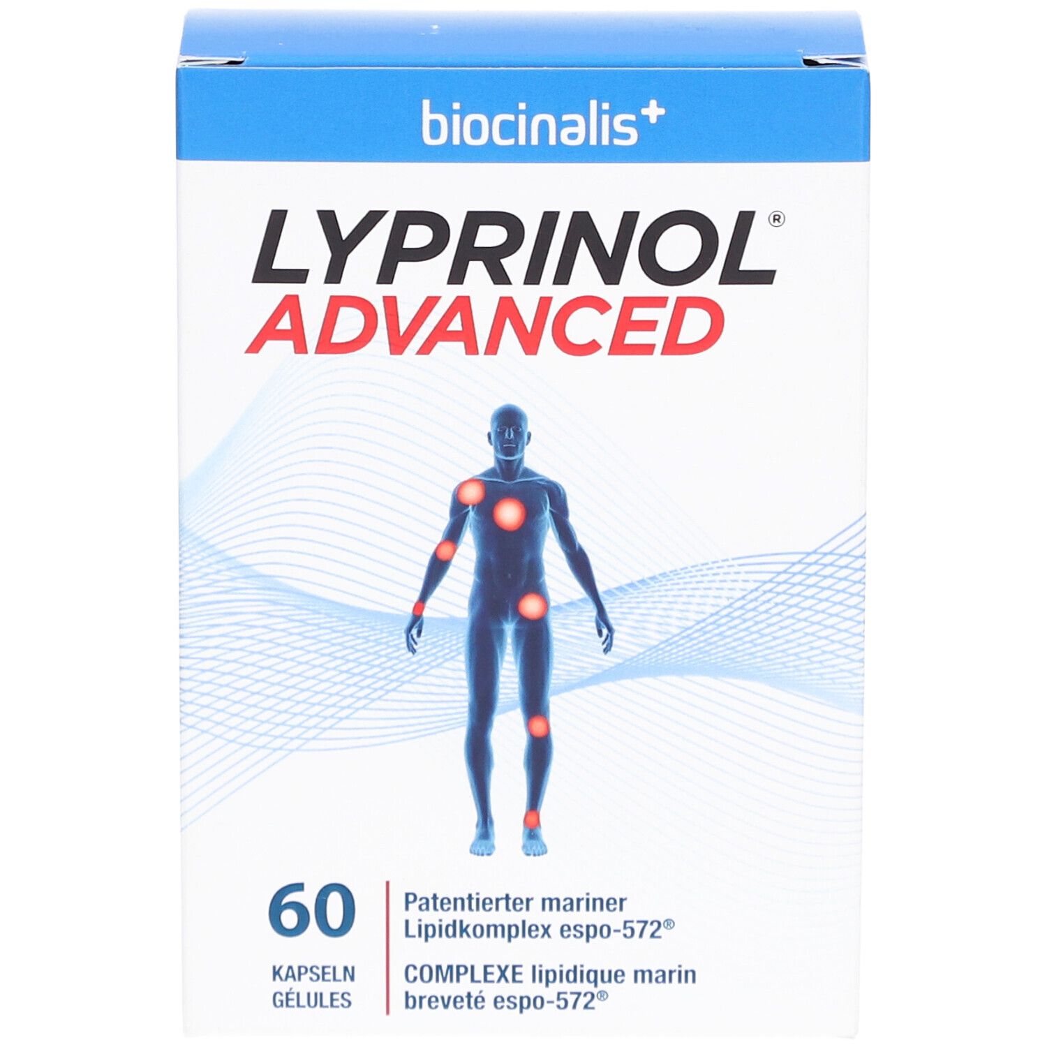Boîte de biocinalis+ Lyprinol® Advanced. 60 gélules. Inscription : Complexe lipidique marin breveté espo-572®.