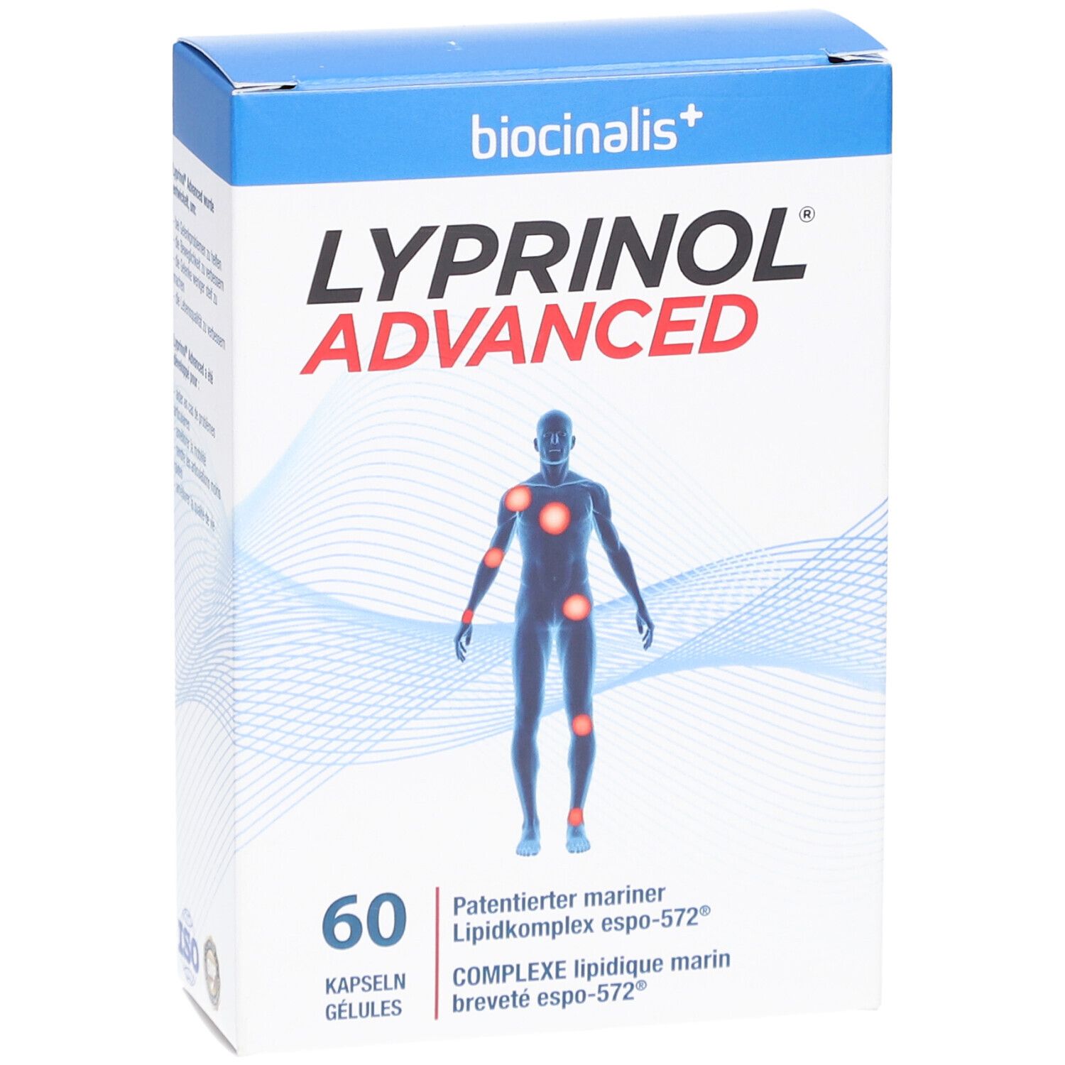 Boîte de biocinalis+ Lyprinol® Advanced. 60 gélules. Inscription : Complexe lipidique marin breveté espo-572®.