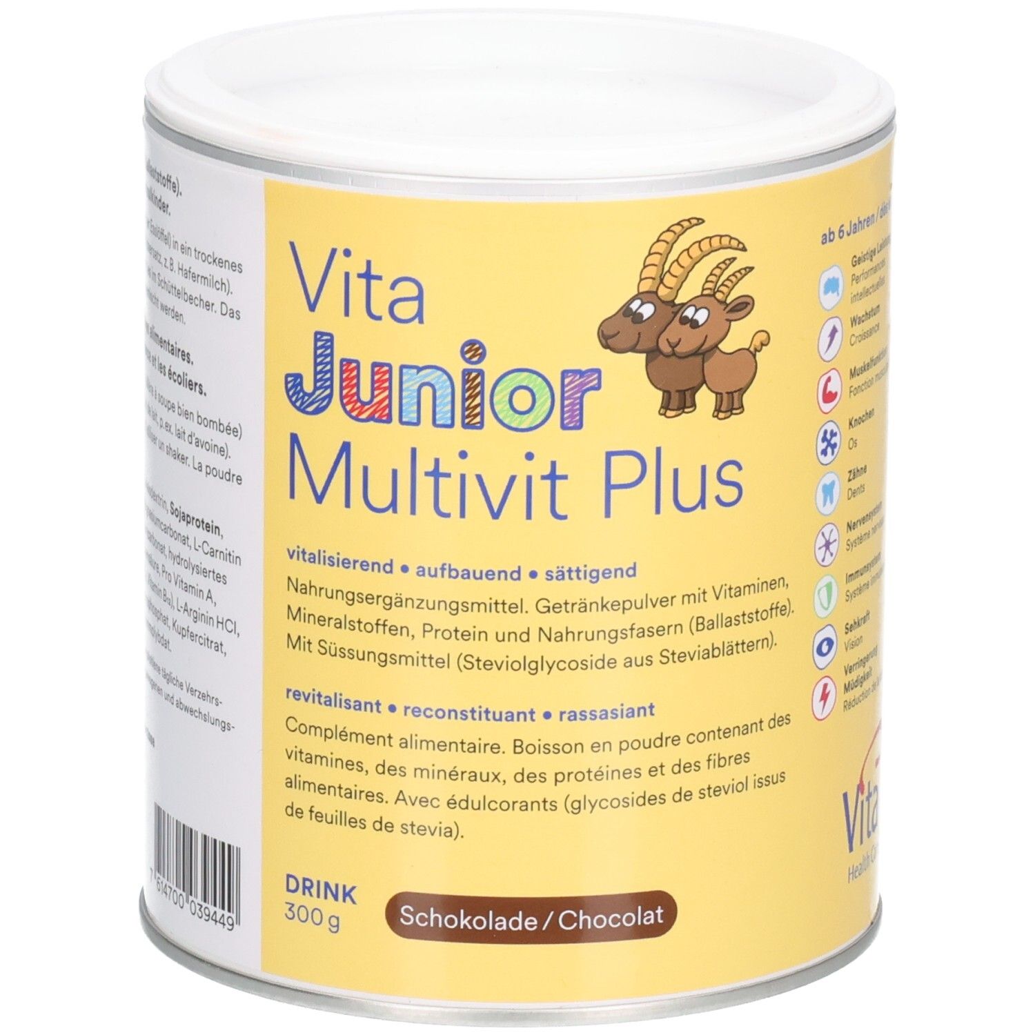 Runde Dose Vita Junior Multivit Plus. Gelber Hintergrund, Produktname, Ziegen-Illustration, Text: Drink, Schokolade/Chocolat, 300g.