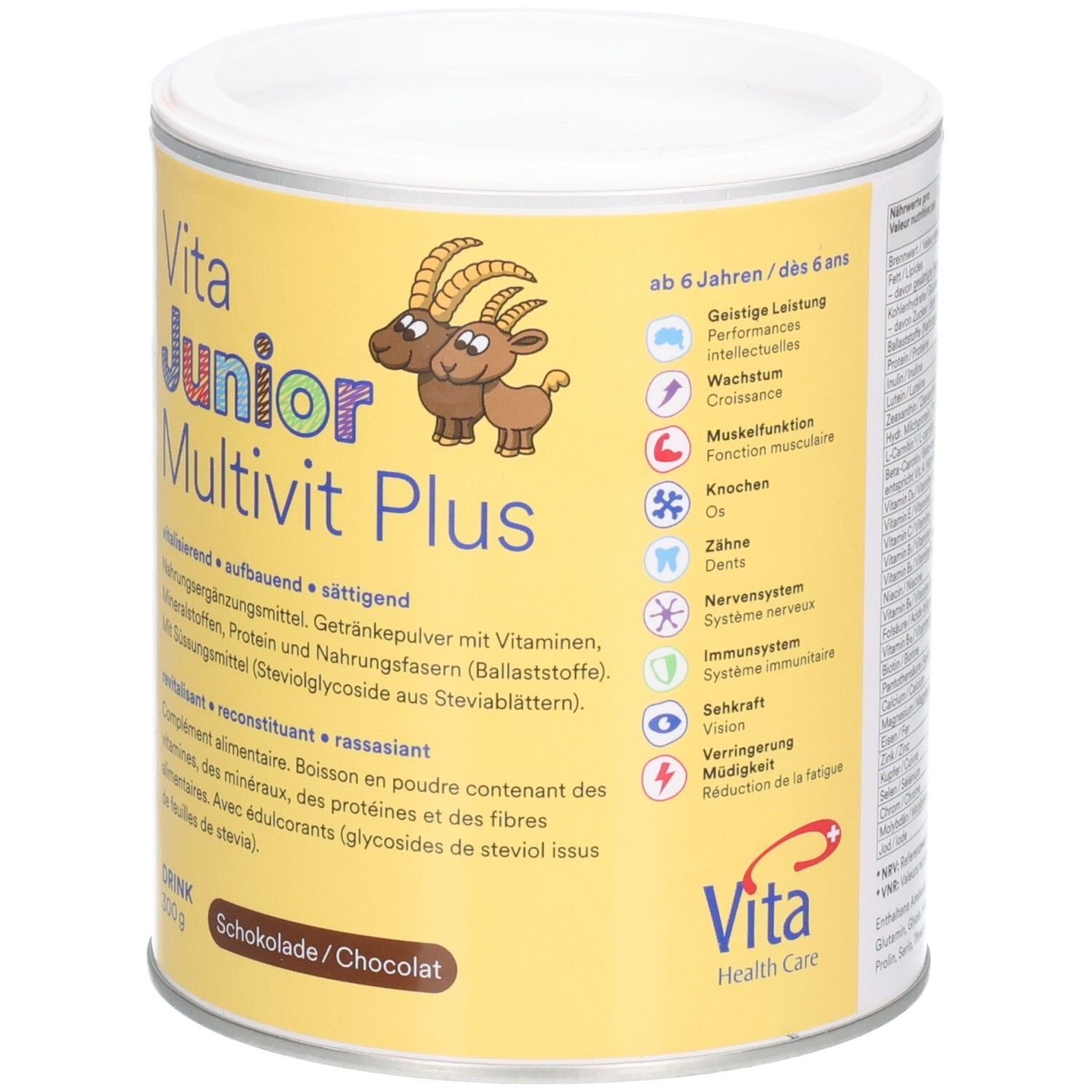 Runde Dose Vita Junior Multivit Plus. Gelber Hintergrund, Produktname, Ziegen-Illustration, Text: ab 6 Jahren, Leistungsmerkmale.