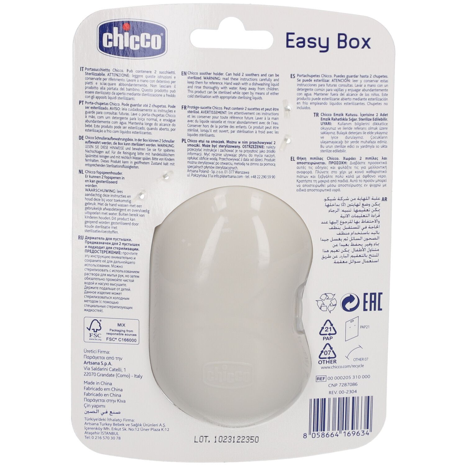 Rückseite der Chicco Easy Box. Weiße, ovale Box. Text in mehreren Sprachen. FSC-Zertifizierung.