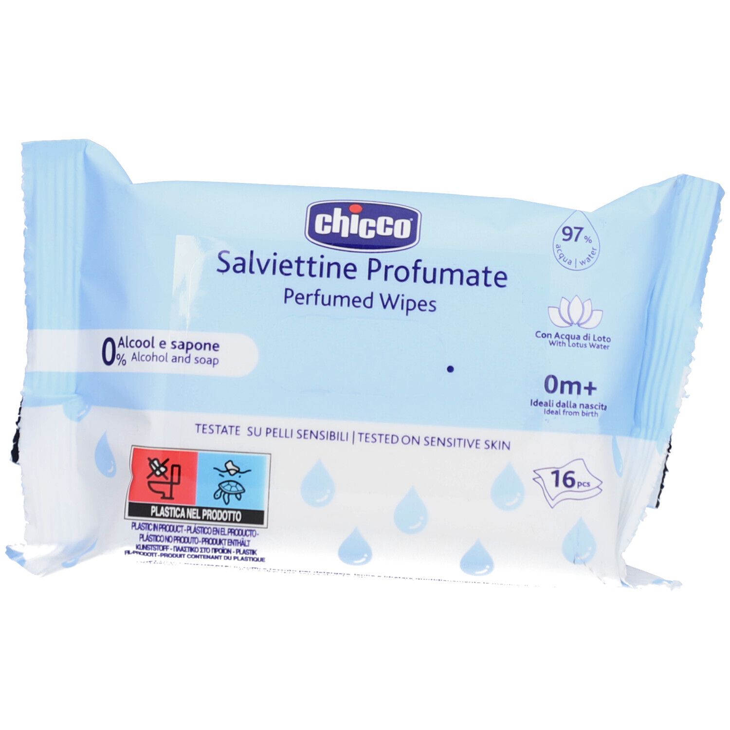 Blauw verpakte Chicco Pocket reinigingsdoekjes. Opschrift: Salvietine Profumate, 0% alcohol en zeep, 16 stuks.
