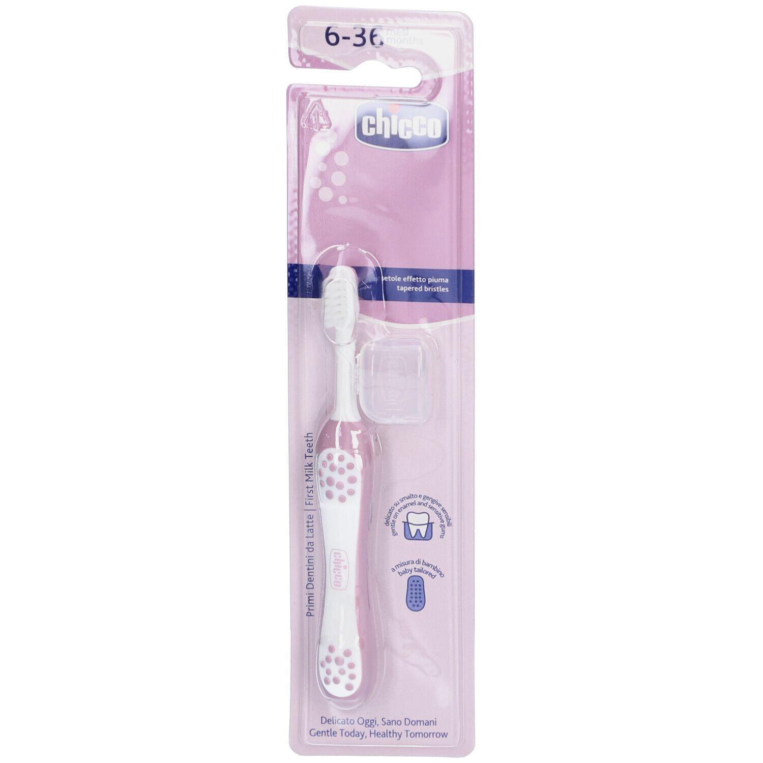 Brosse à dents dans un emballage blister. Manche blanc à pois roses, tête blanche. Marque Chicco.