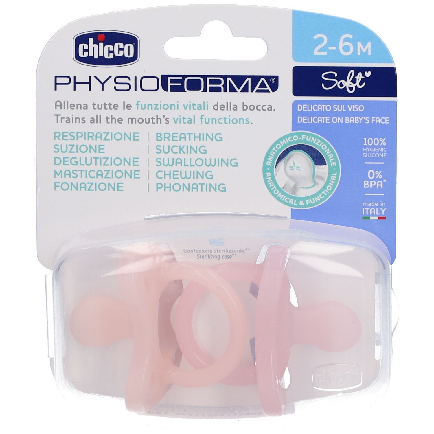 Rosa Schnuller in transparenter Verpackung. Anatomisch-funktionell, 2-6 Monate. Mit Text: PhysioForma, Soft, 100% hygienisches Silikon.