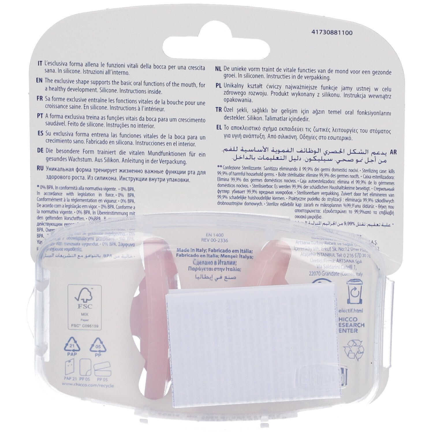 Rückseite der Verpackung mit Text in mehreren Sprachen. Enthält zwei rosa Schnuller. FSC-Logo und Recycling-Symbole.
