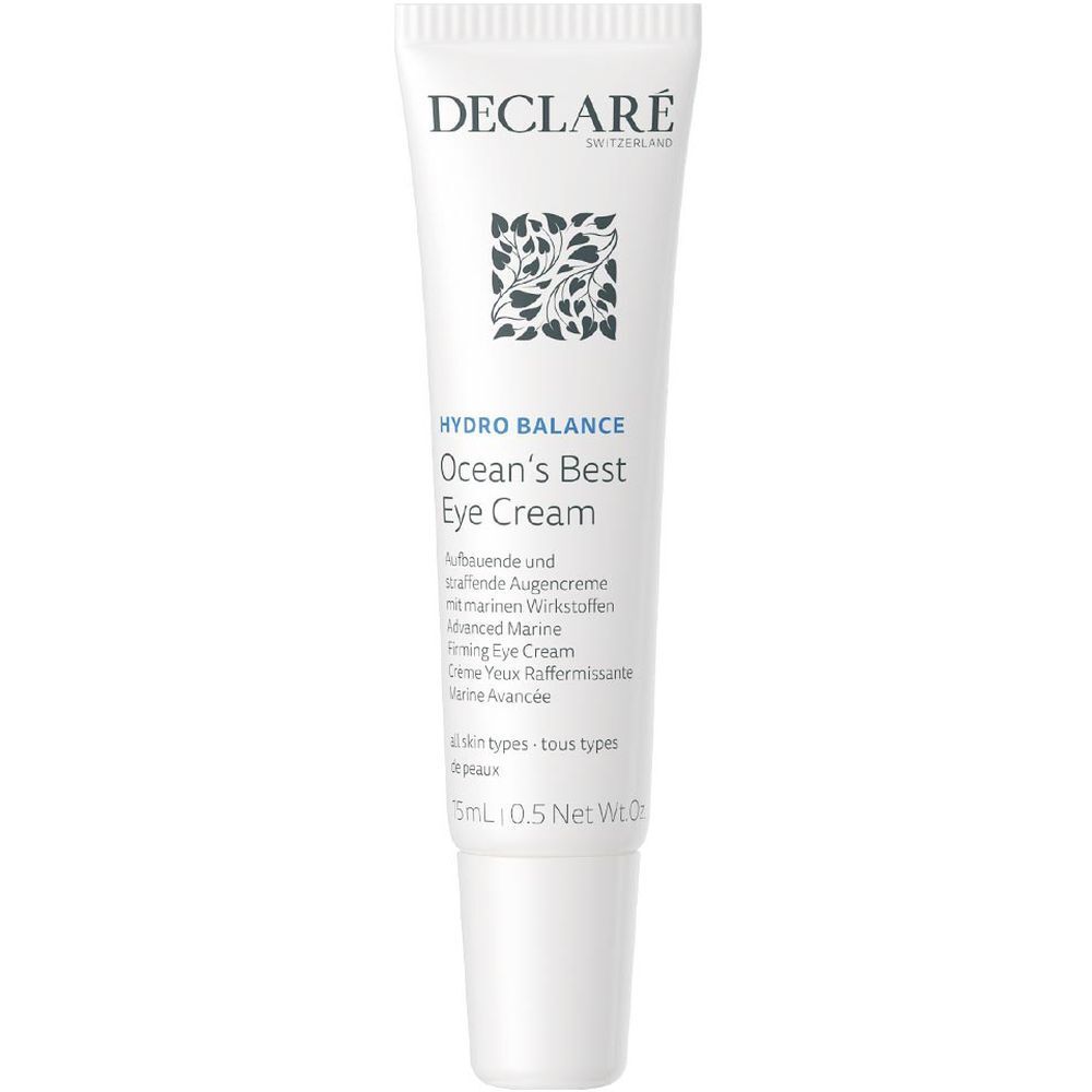 Weiße Tube mit DECLARÉ-Logo und Produktbezeichnung. Text: Hydro Balance Ocean's Best Eye Cream. 15ml.