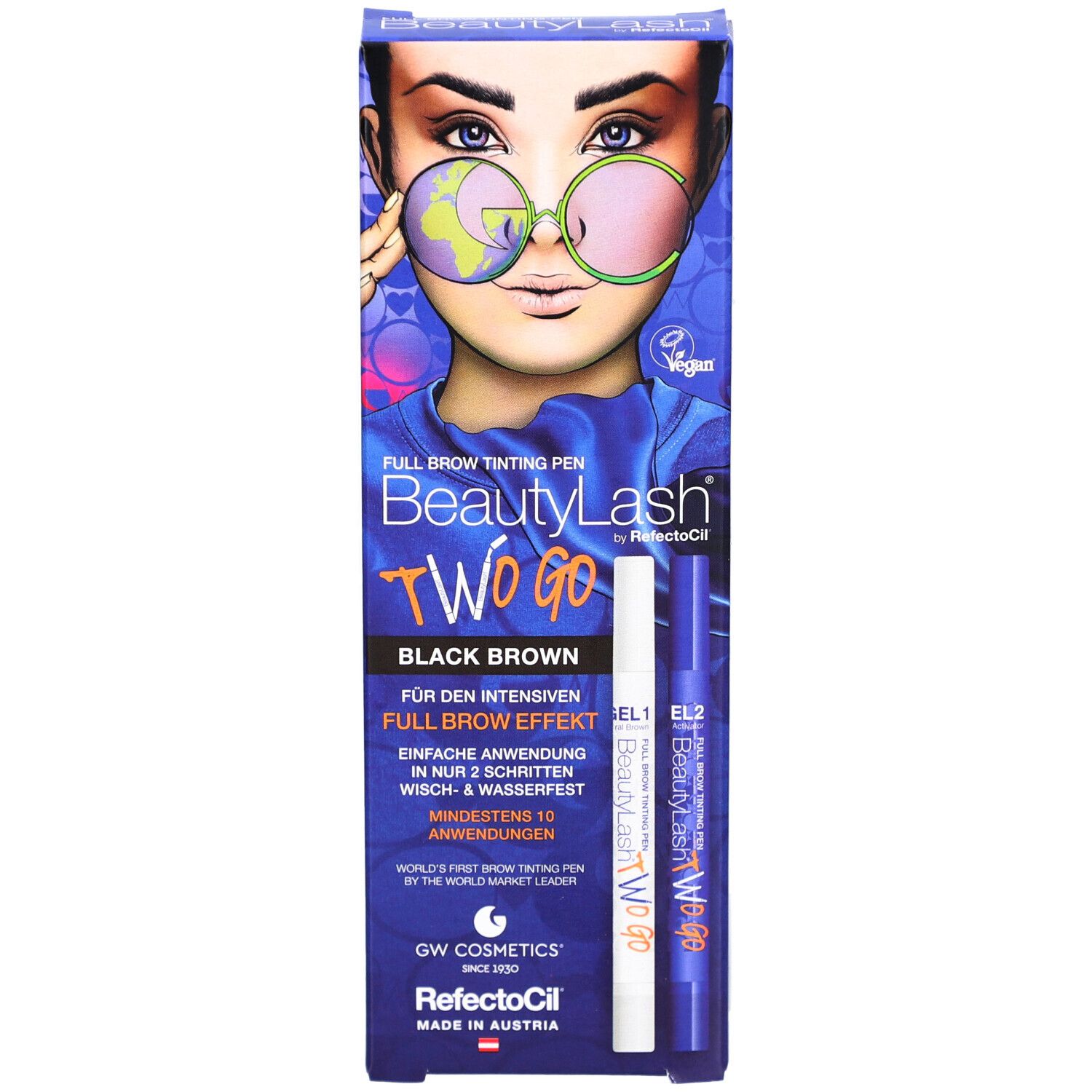 RefectoCil BeautyLash TWO GO Black Brown. Verpackung mit Stiften und Abbildung eines Gesichts.