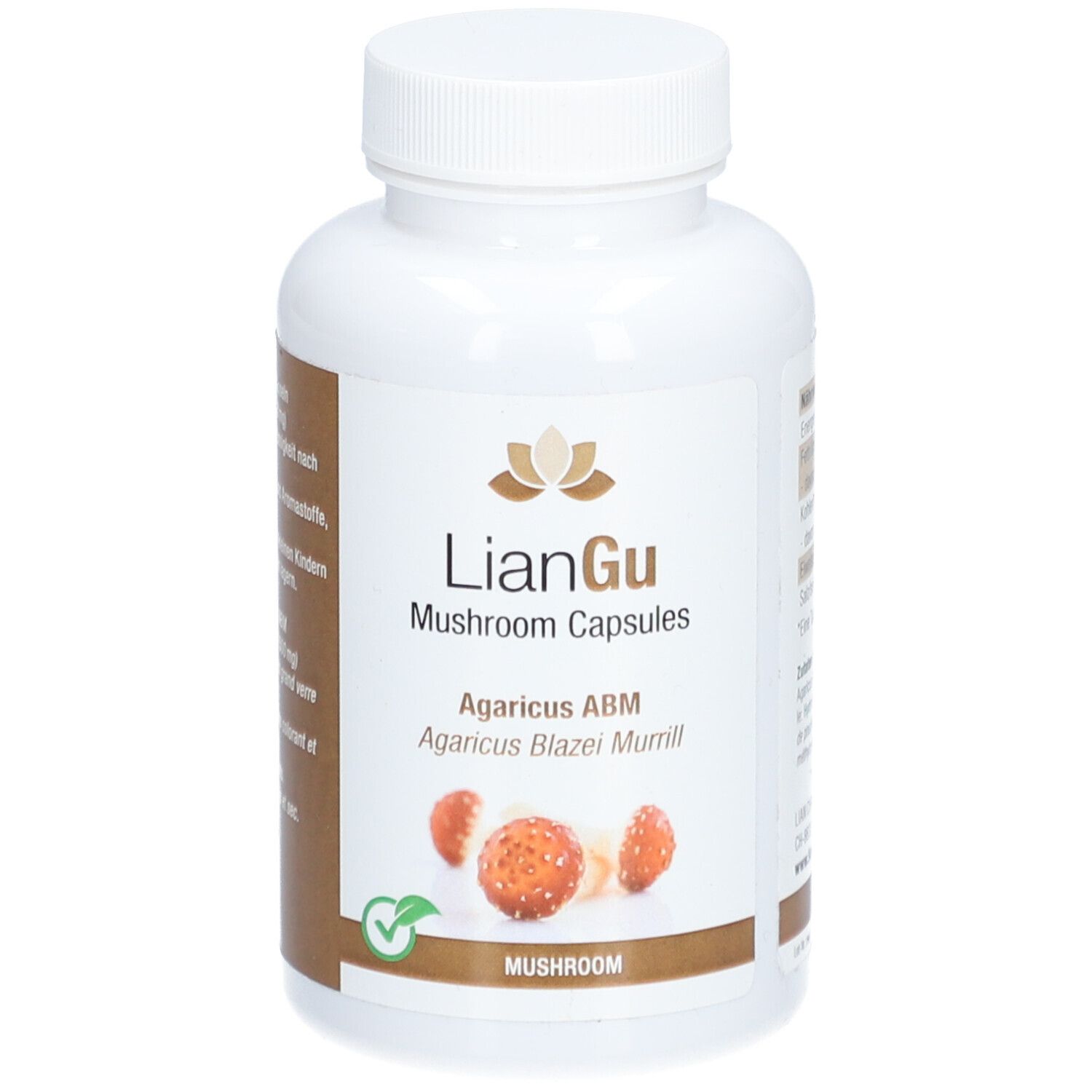 Weiße Flasche mit LIANGU Mushroom Capsules. Aufschrift: Agaricus ABM, Agaricus Blazei Murrill. Grünes Siegel.