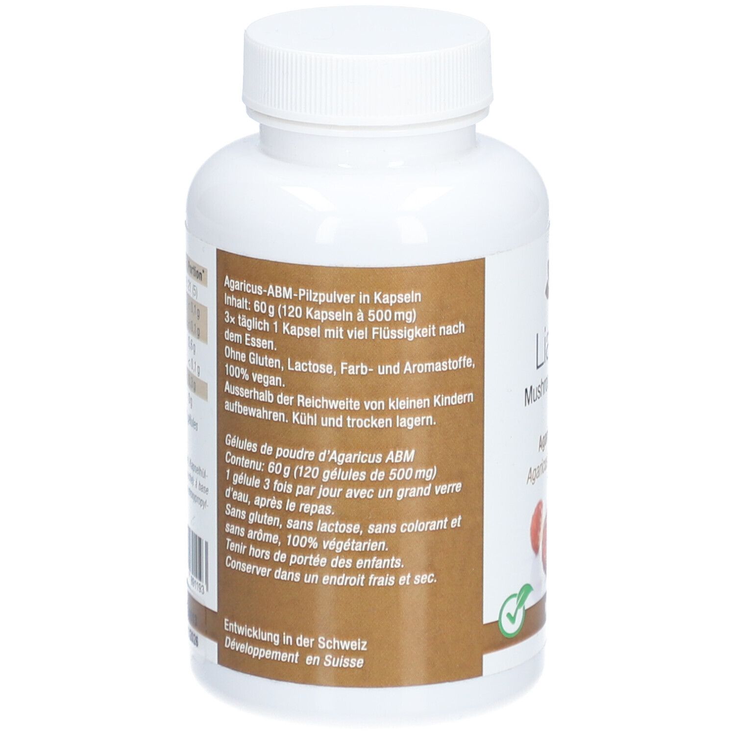 Rückseite der Flasche LIANGU Mushroom Capsules. Text in Deutsch und Französisch. Enthält Informationen über Inhaltsstoffe.