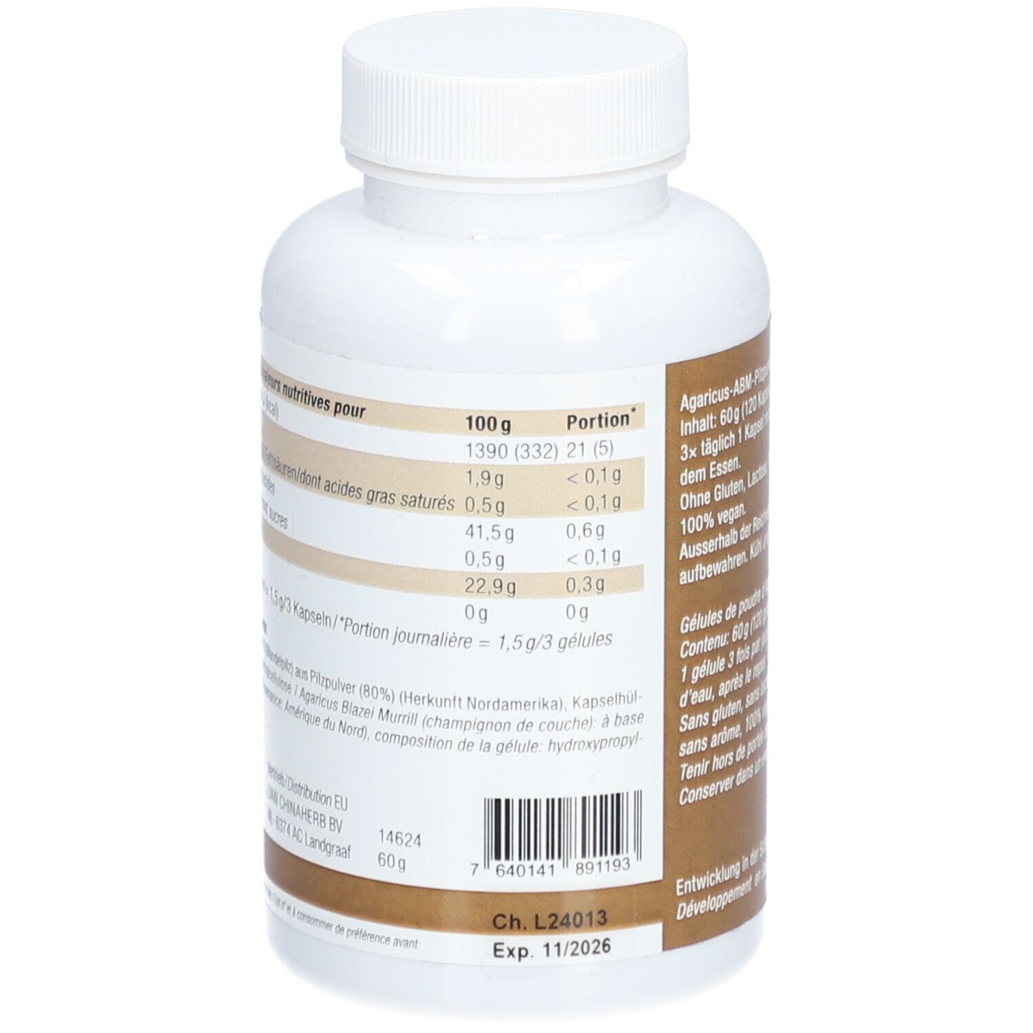 Rückseite der Flasche LIANGU Mushroom Capsules. Nährwertangaben und Barcode. Text in Deutsch und Französisch.